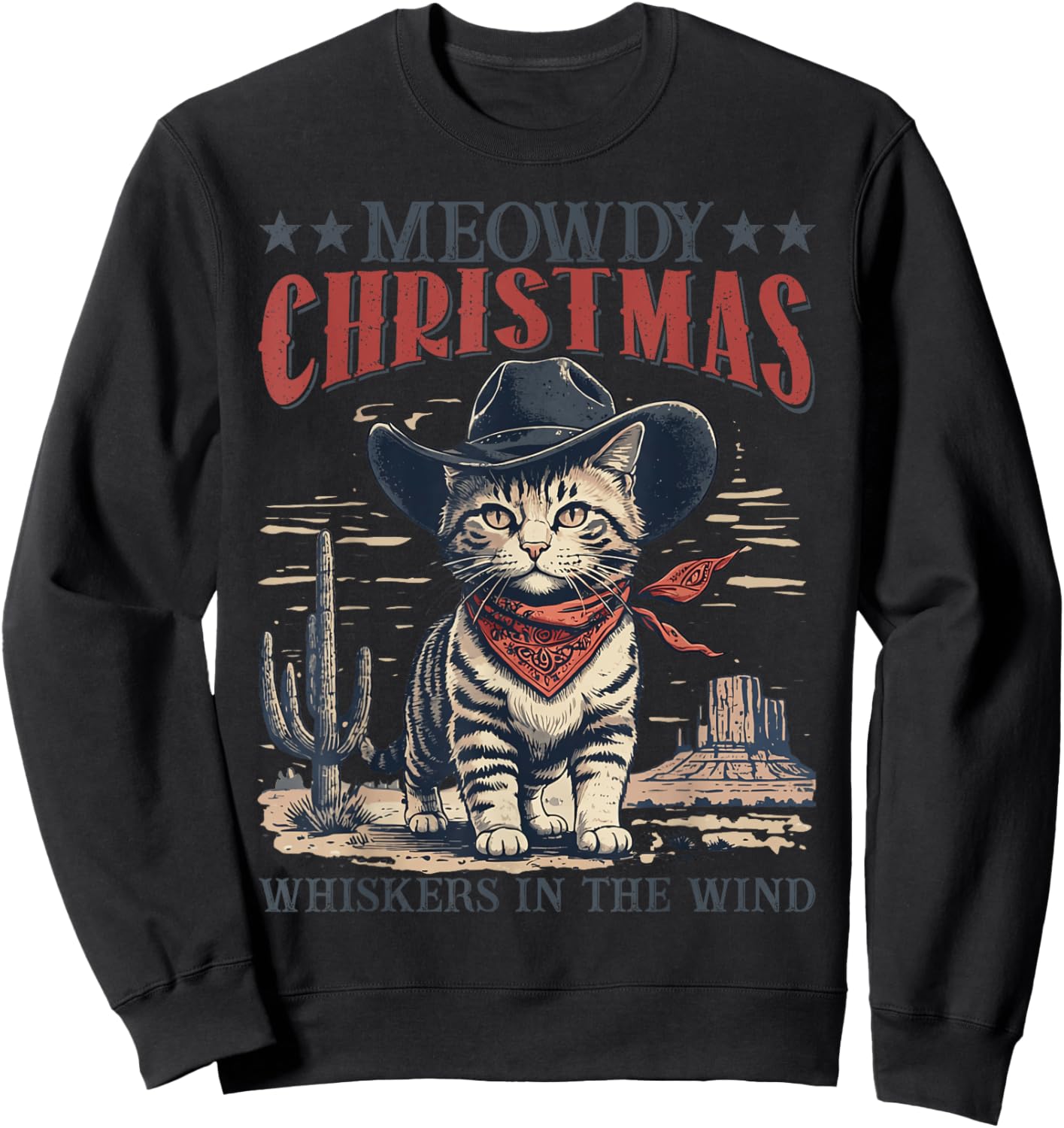 Meowdy Partner Cowboy Cat Christmas Vintage Cowboy Cat Santa Sweatshirt - Sweatshirt | Black