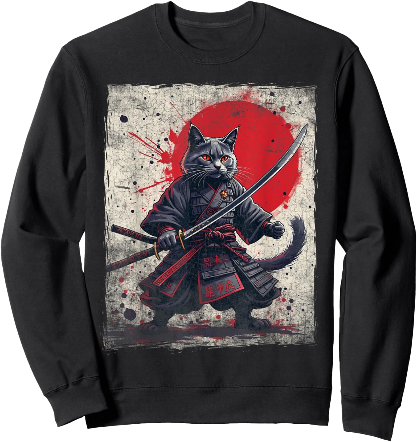 Samurai Cat Ukiyo-e Warrior Art Vintage Ninja Cat Graphic Women Kids Sweatshirt - Sweatshirt | Black