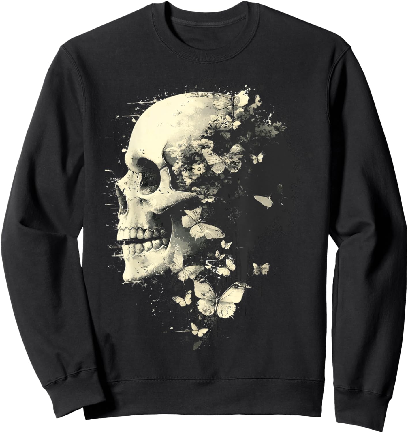 Trendy Grungecore Skull Fairy Flowers Gothic Emo Y2K 2000s Sweatshirt - Sweatshirt | Black