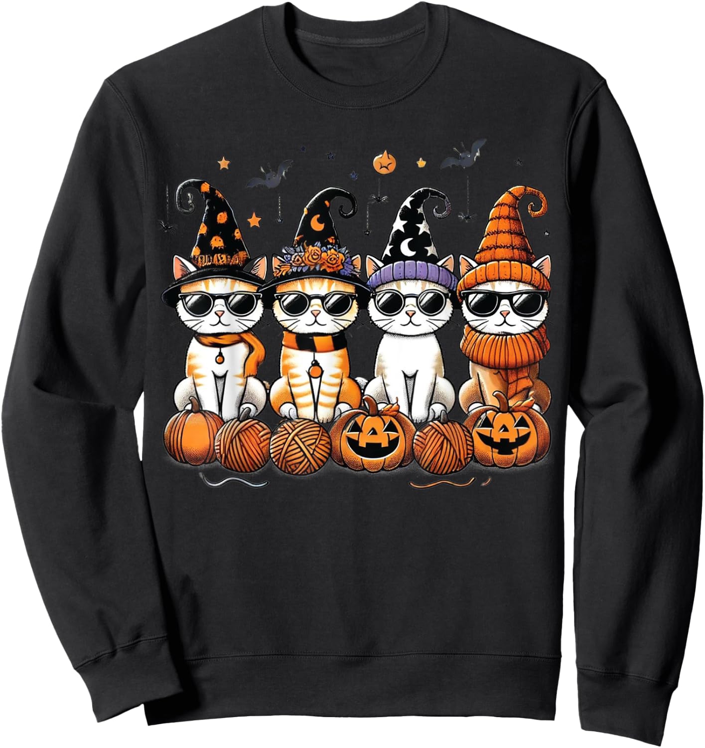 Cute Cats Witch Hat Funny Halloween Pumpkin Women Girls Sweatshirt - Sweatshirt | Black