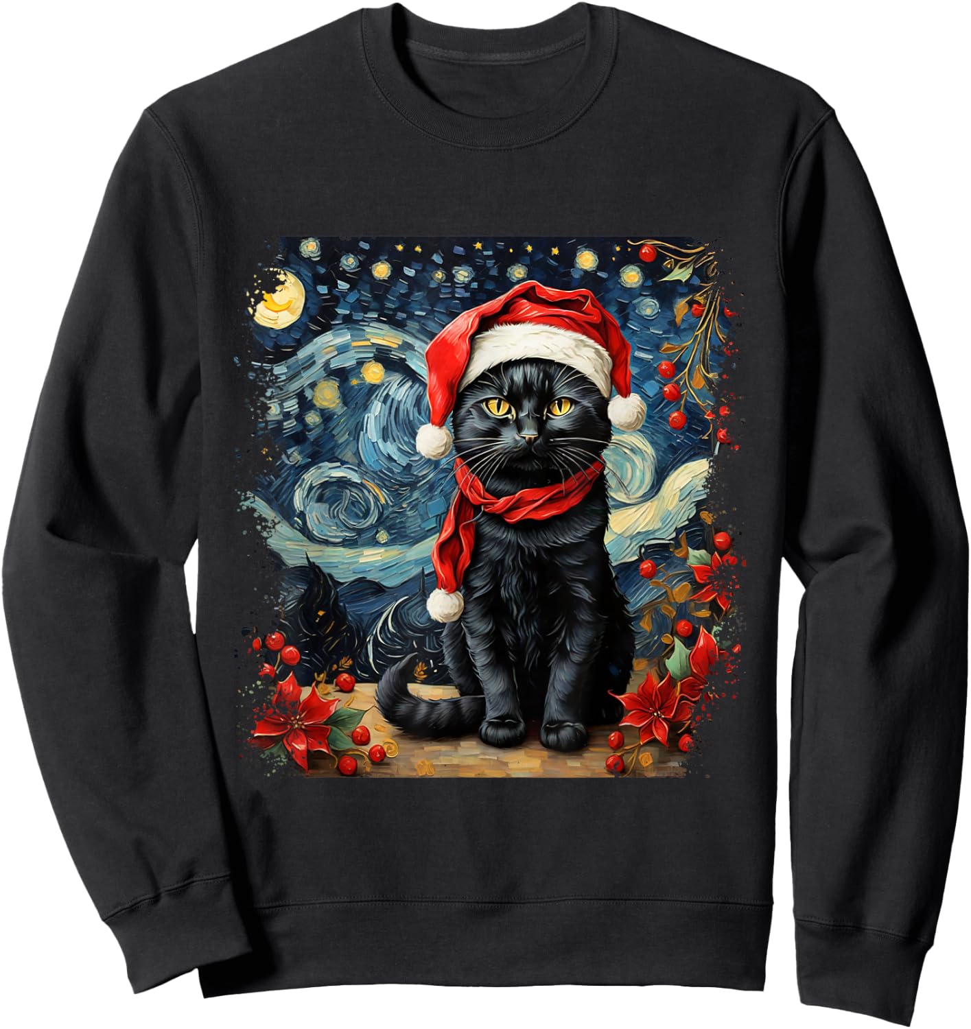 Van Gogh Starry Night Cat Funny Cat Christmas Sweatshirt - Sweatshirt | Black