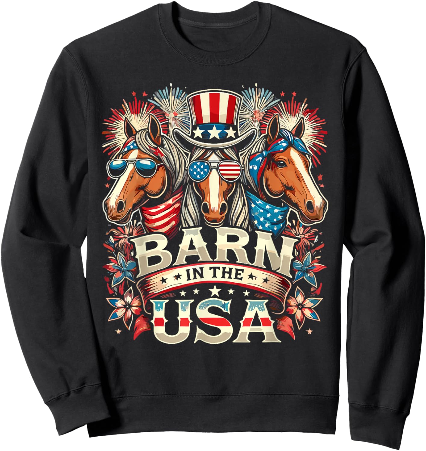 Barn In The USA 4th Of July Horse Patriotic Women Kids Men Sweatshirt - Sweatshirt | Black