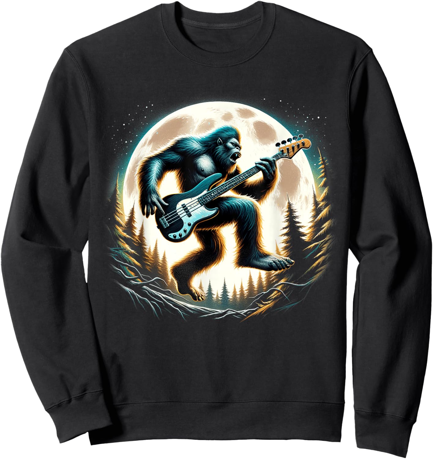 Sasquatch Bigfoot Playing Bass Guitar Full Moon Rockstar Sweatshirt - Sweatshirt | Black