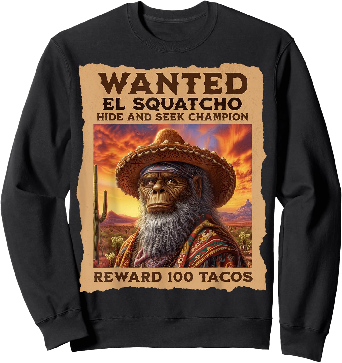Wanted: El Squatcho, Bigfoot, and Sasquatch, Hide and Seek Sweatshirt - Sweatshirt | Black