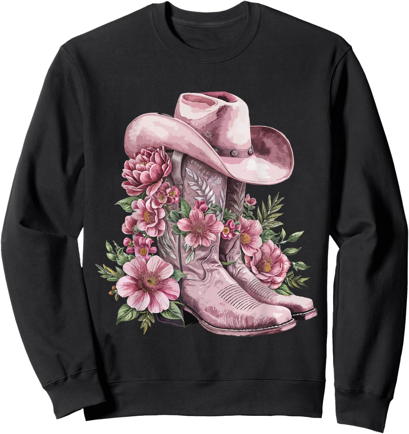 Watercolor Cowgirl Floral Boots Hat Western Boots Boho Women Sweatshirt - Sweatshirt | Black