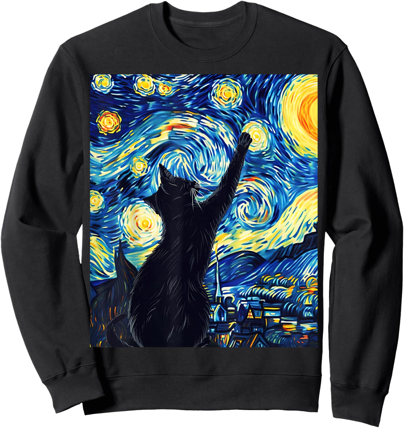 Van Gogh Style Starry Night Cute Cat Art Sweatshirt - Sweatshirt | Black