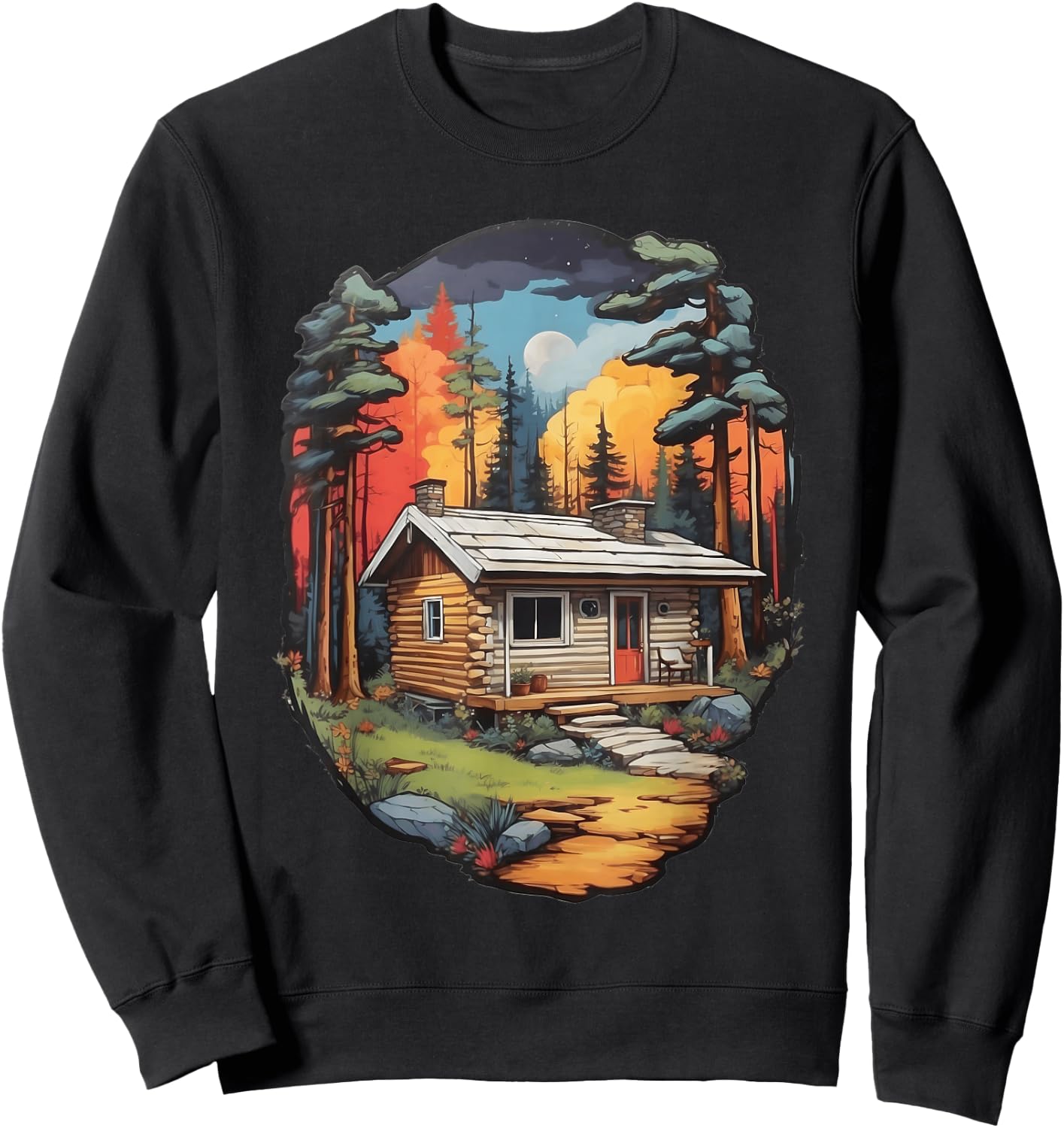 Tranquil Forest Log Cabin - Colorful Woods Scene Sweatshirt - Sweatshirt | Black
