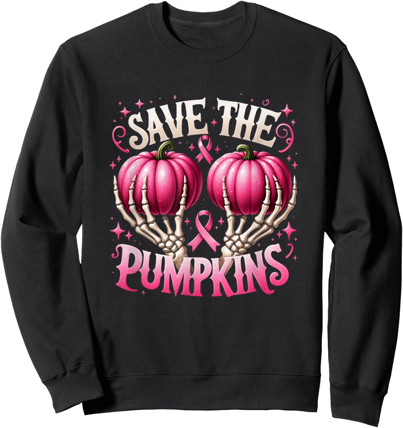 Save The Pumpkins Breast Cancer Awareness Skeleton Halloween Sweatshirt - Sweatshirt | Black