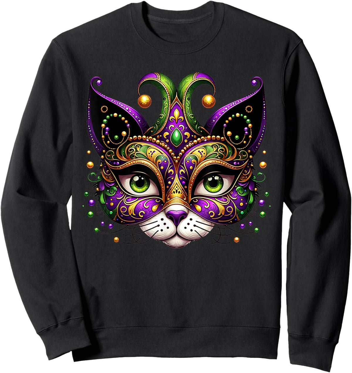Meowdy Gras Cat Kitten Masquerade Mardi Gras Beads Women Sweatshirt - Sweatshirt | Black