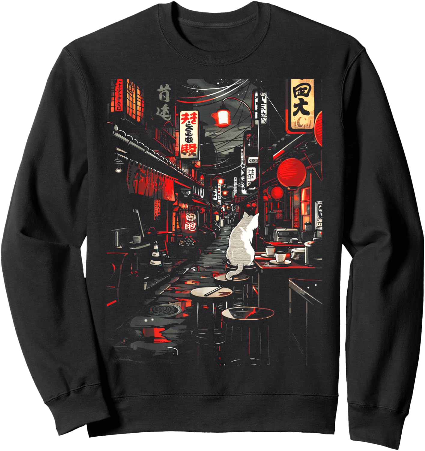 Japanese City Vintage Cat Sushi Japanese street Men Women Sweatshirt - Sweatshirt | Black