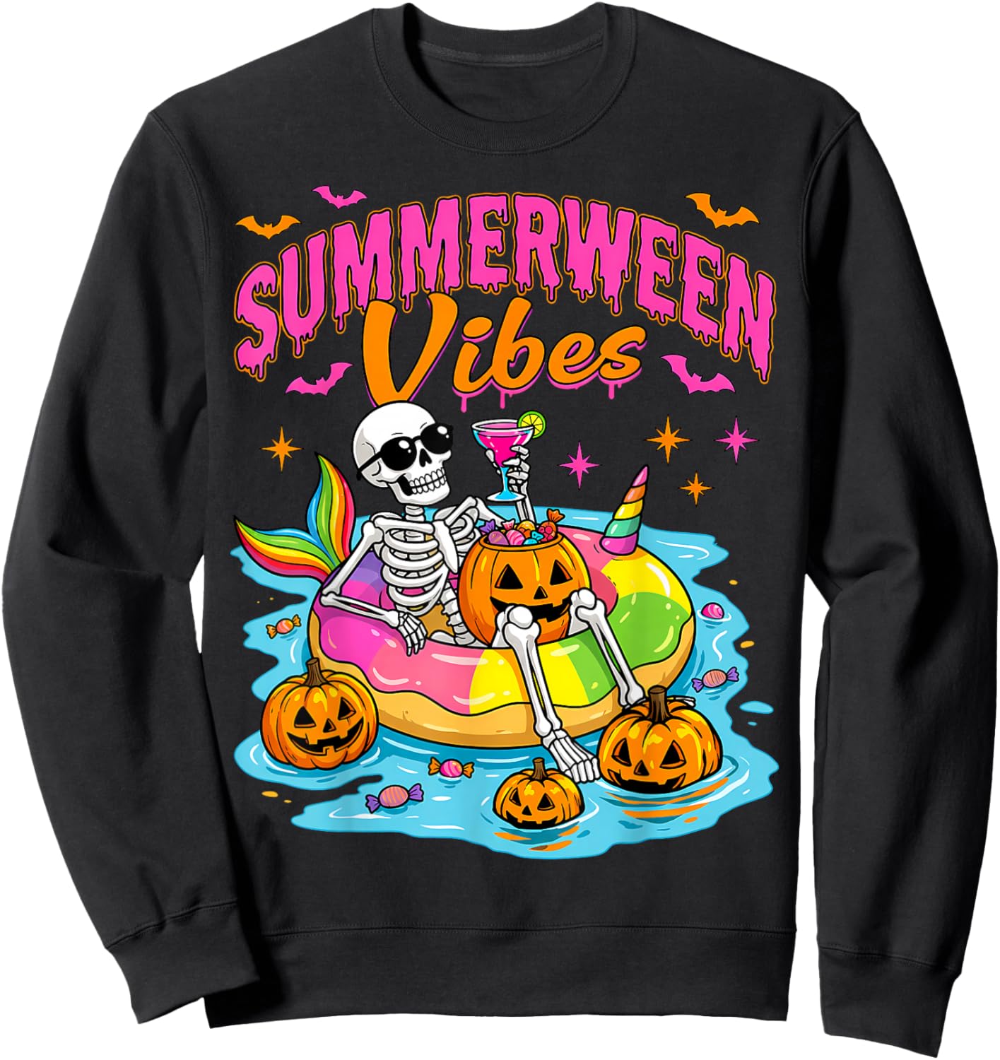 Summerween Funny Skeletons Halloween Floating Pool Pumpkin Sweatshirt - Sweatshirt | Black
