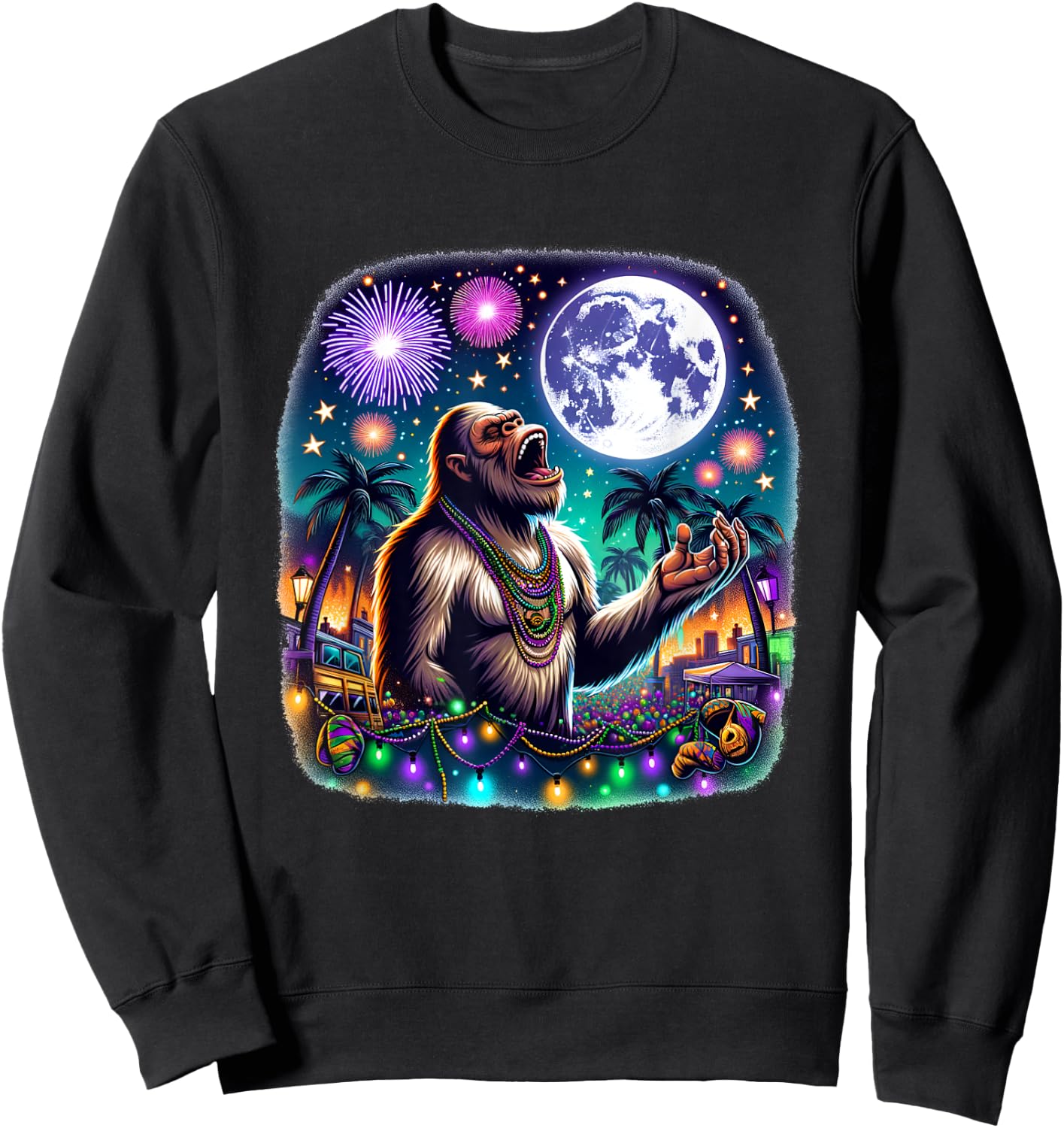 Bigfoot Meets Moon Over Mardi Gras New Orleans Fun Sweatshirt - Sweatshirt | Black
