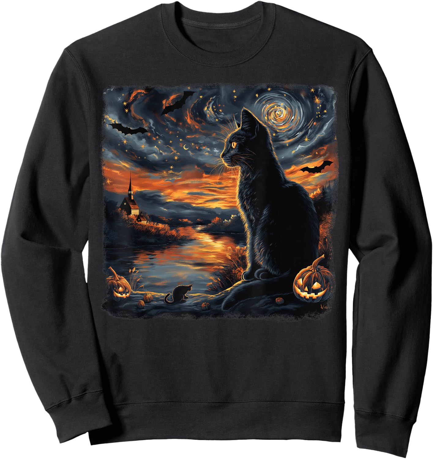 Halloween Van Gogh Starry Night Black Cat Pumpkins Bats Women Kids Sweatshirt - Sweatshirt | Black