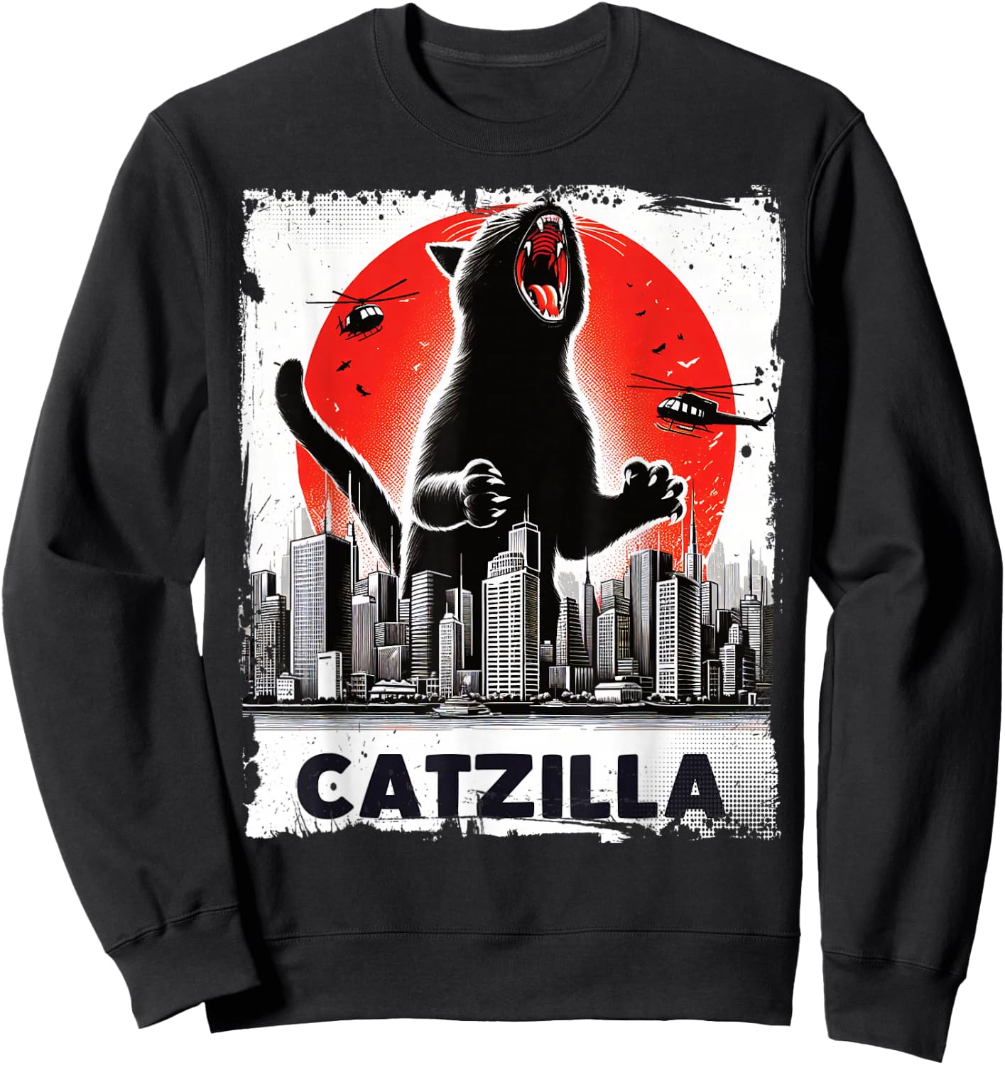 Catzilla Roaring Over City Skyline Cat Monster Kitten Kitty , Small, Black Sweatshirt - Sweatshirt | Black