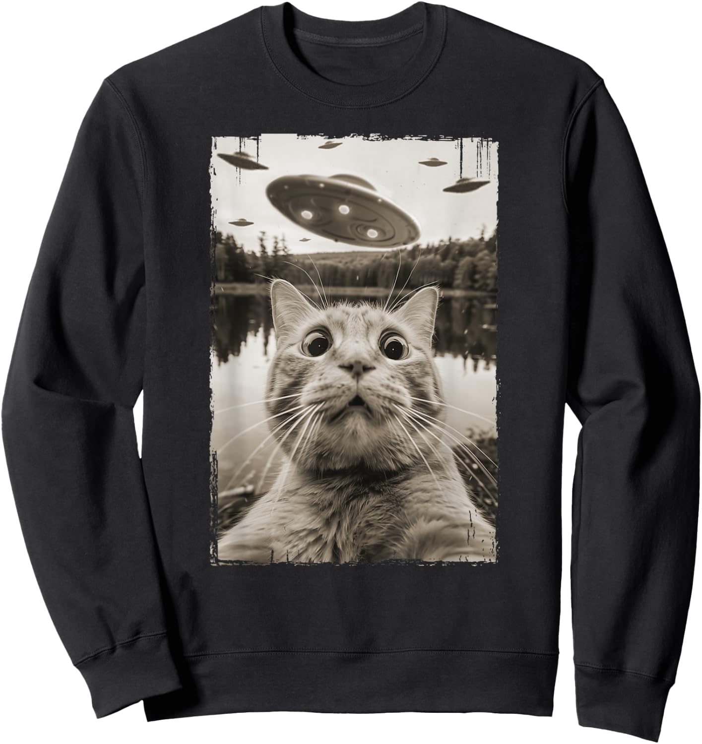 Vintage Cat UFO Encounters - Funny UFO and Cat Selfie Women Kids Sweatshirt - Sweatshirt | Black