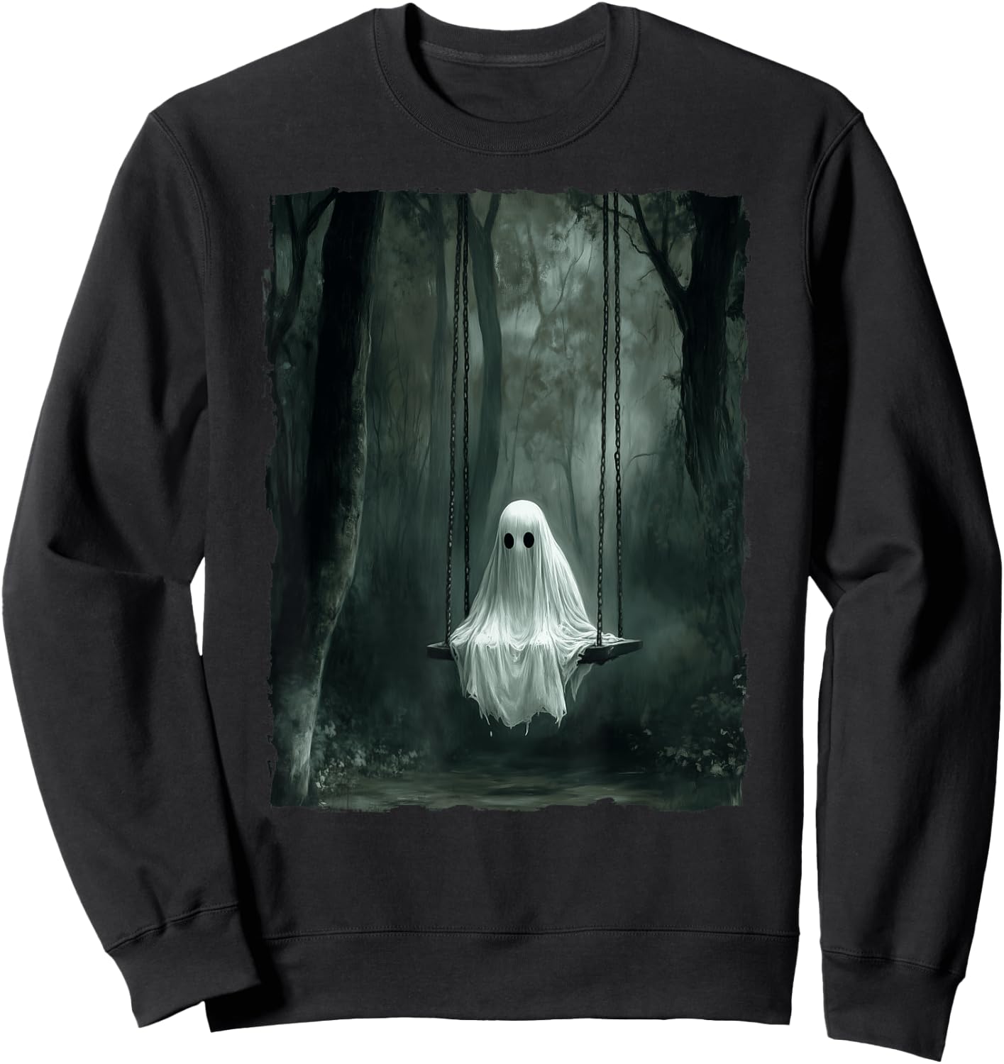 Vintage Floral Ghost On Swing In Forest Spooky Halloween Sweatshirt - Sweatshirt | Black