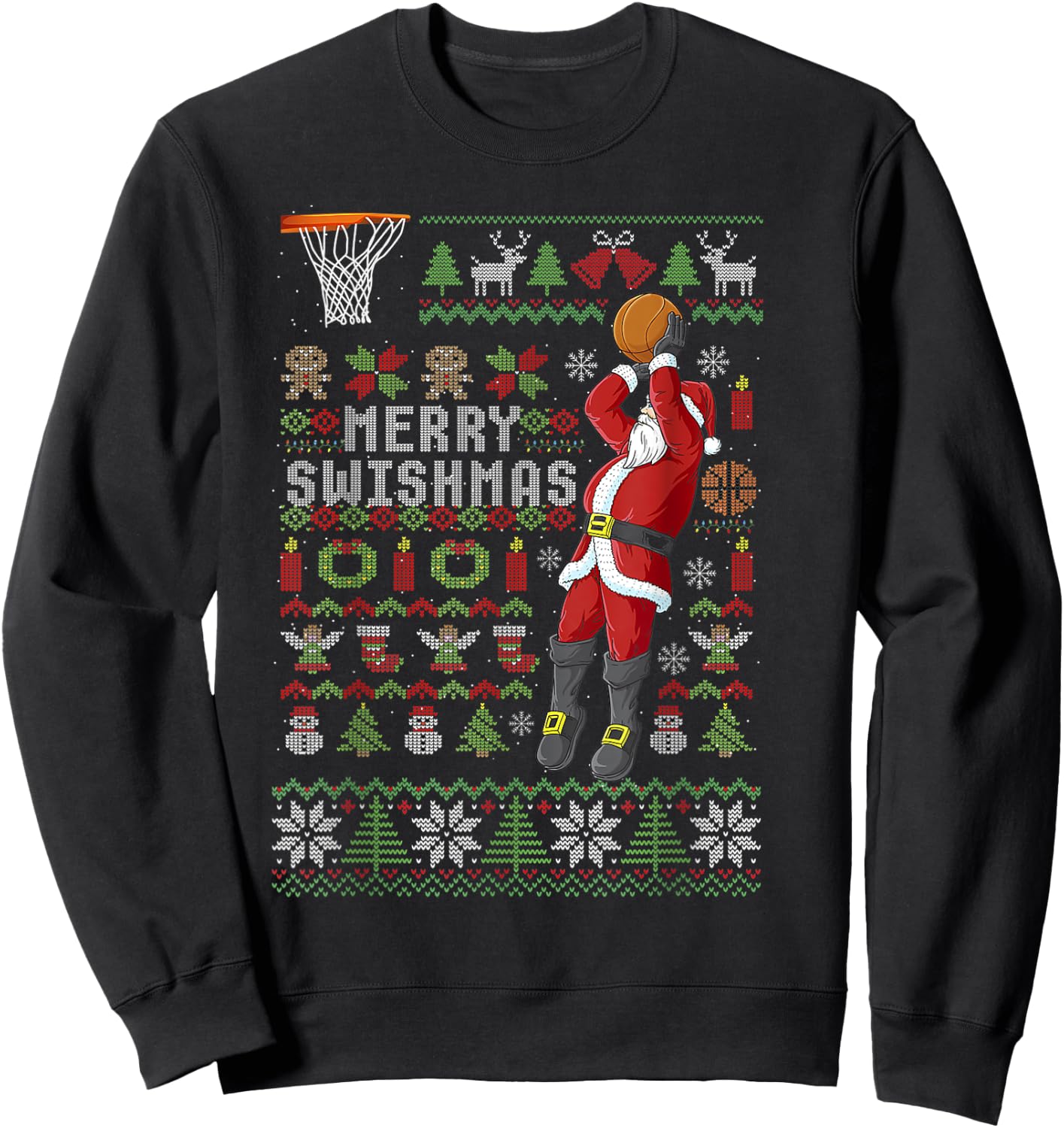 Merry Swishmas Ugly Christmas Basketball Christmas Sweatshirt - Sweatshirt | Black