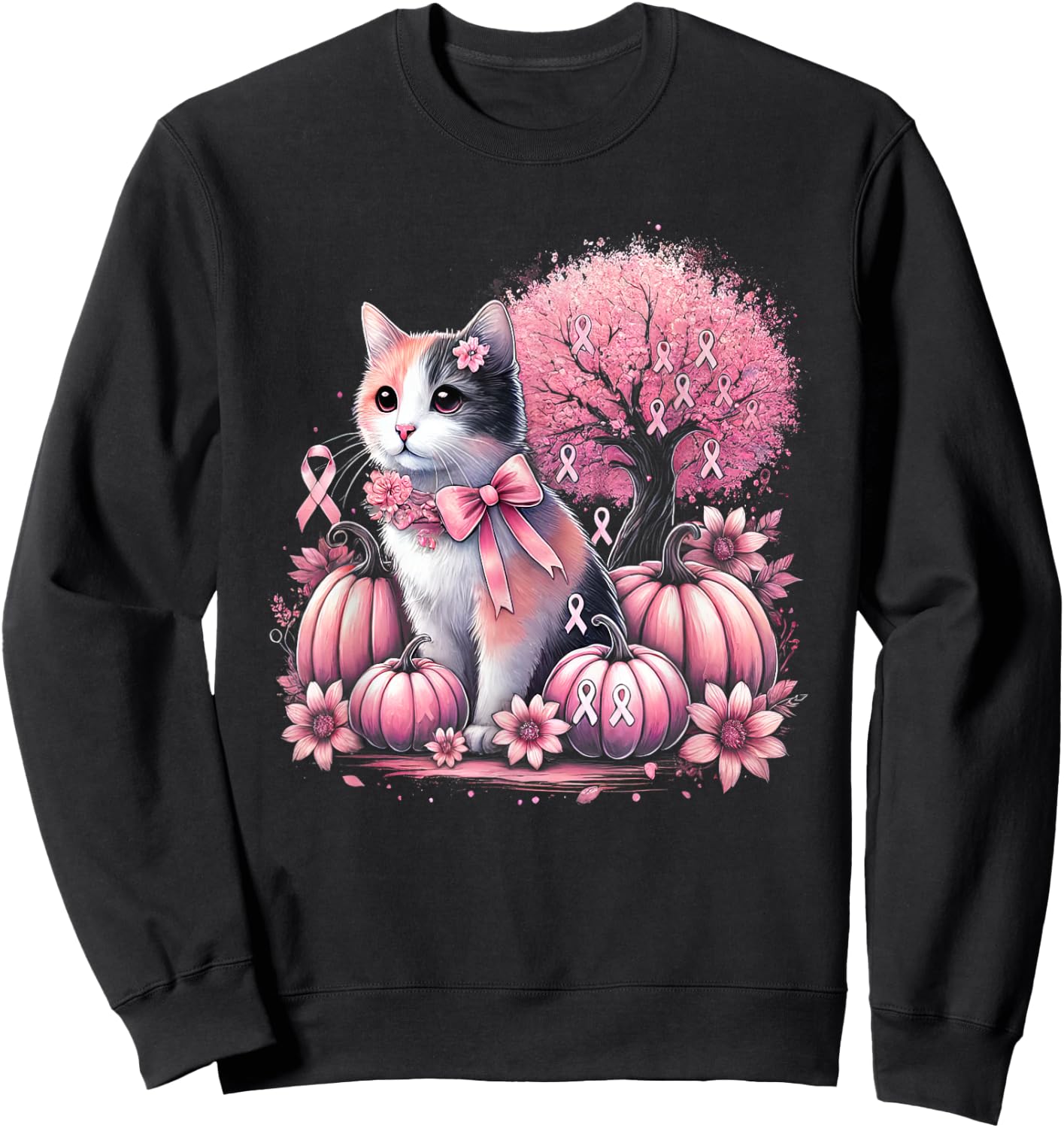 Cat Pink Flower Breast Cancer Awareness Men Women Kids Sweatshirt - Sweatshirt | Black
