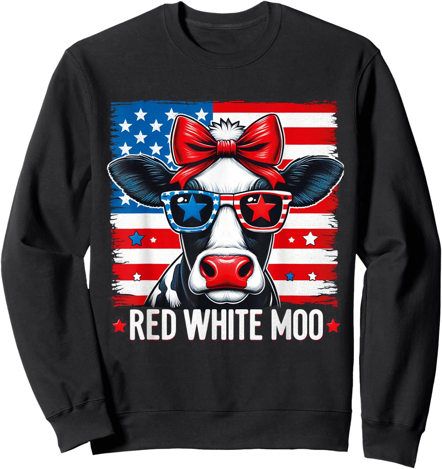 Patriotic Cow USA Flag 4th of July Red and White and Moo Sweatshirt - Sweatshirt | Black