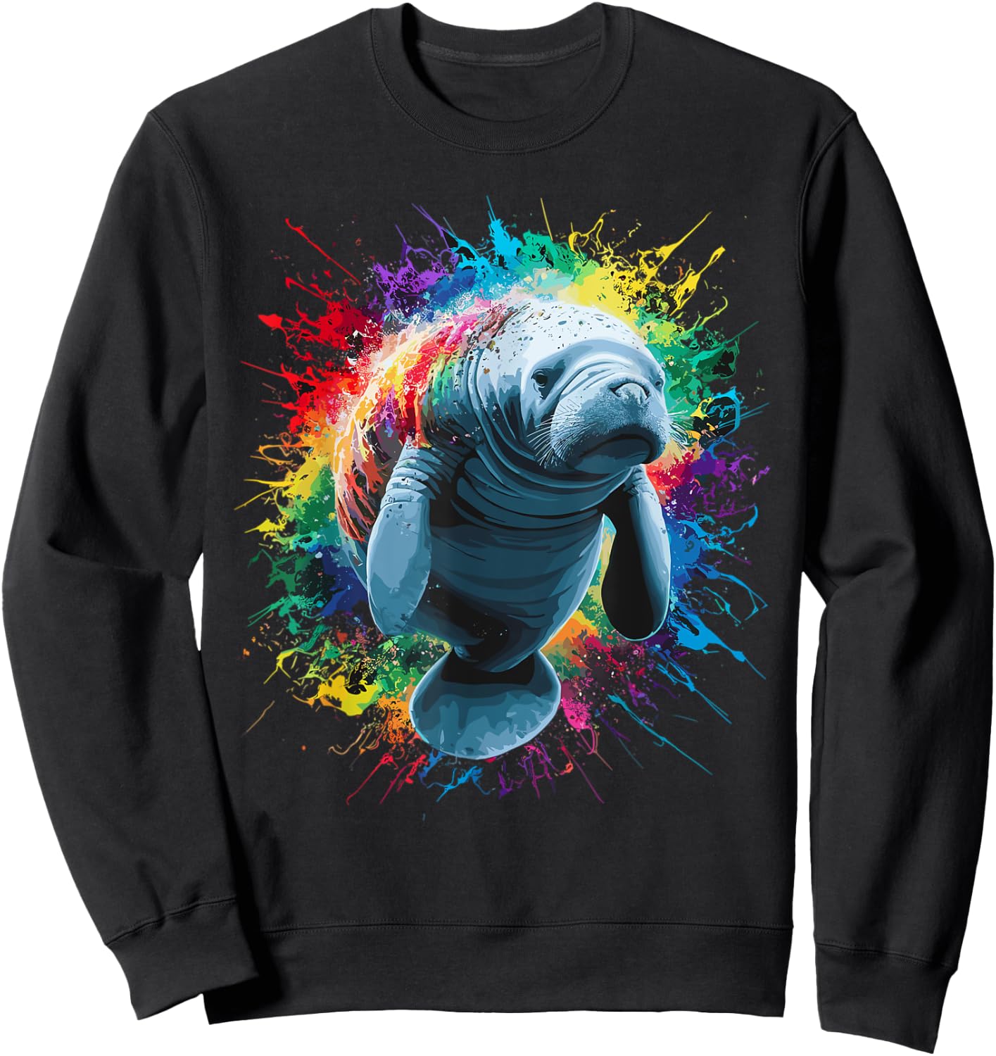 Colorful Paint Splash Cute Manatee Art Graphic Sweatshirt - Sweatshirt | Black