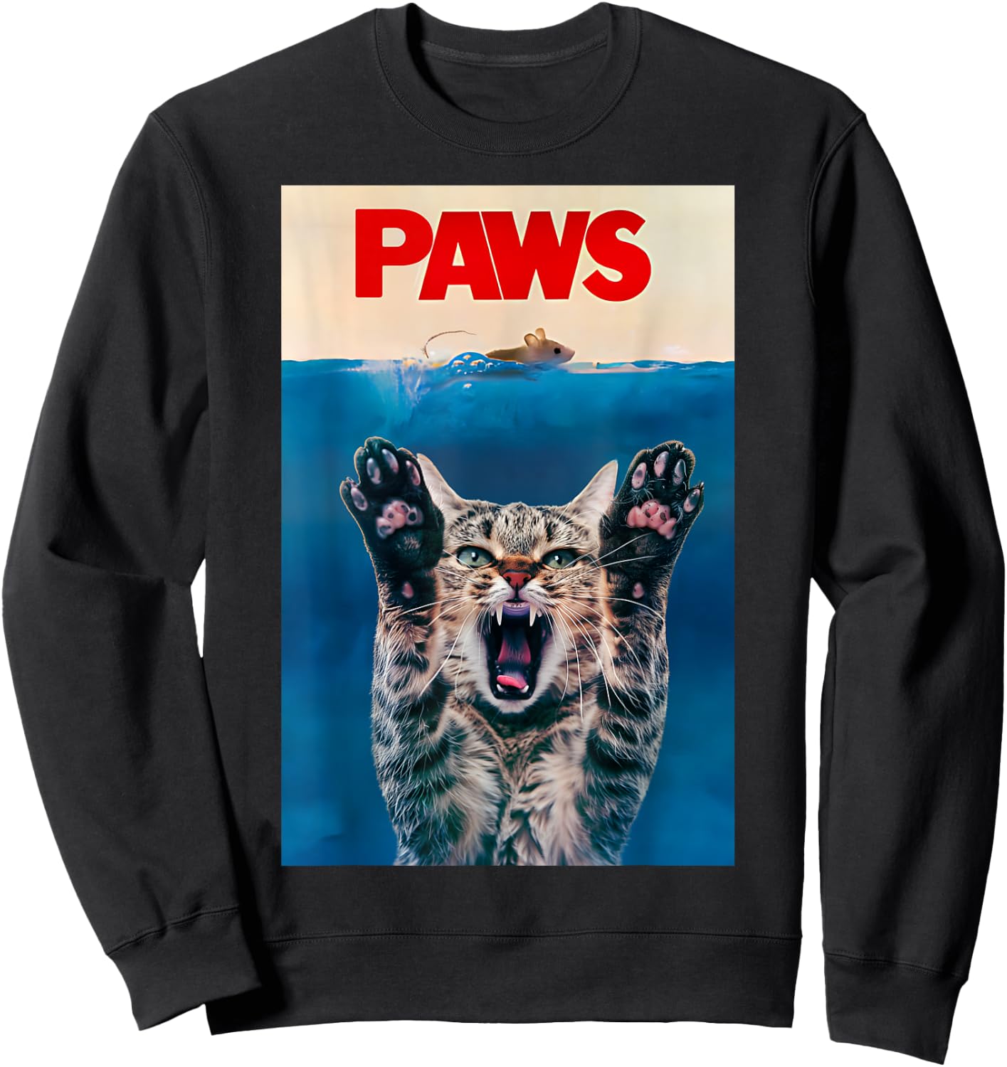 PAWS Funny Cat parody cat Lover Gift Kitten Shark Mouse meow Sweatshirt - Sweatshirt | Black