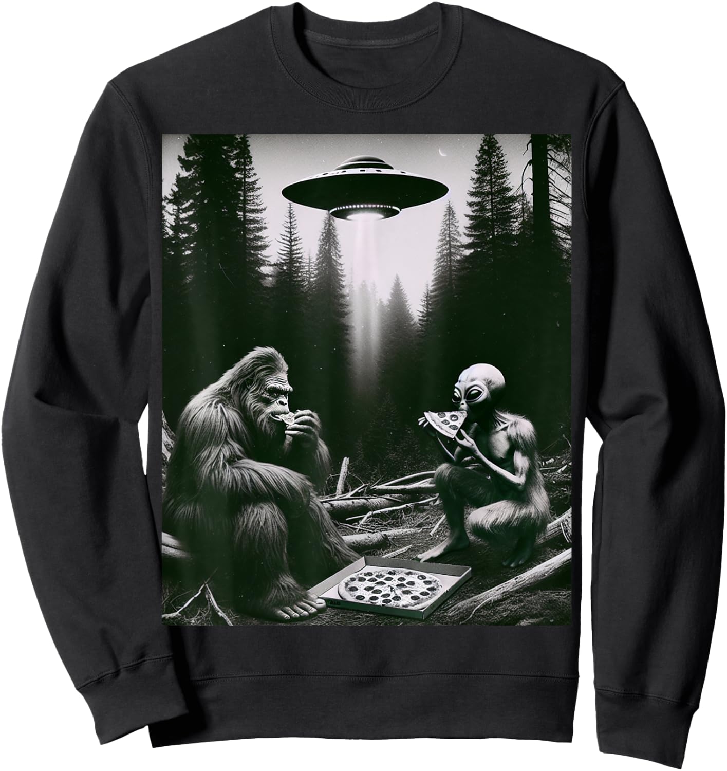 Funny Bigfoot With Alien Eating Pizza. Bigfoot And Alien UFO Sweatshirt - Sweatshirt | Black
