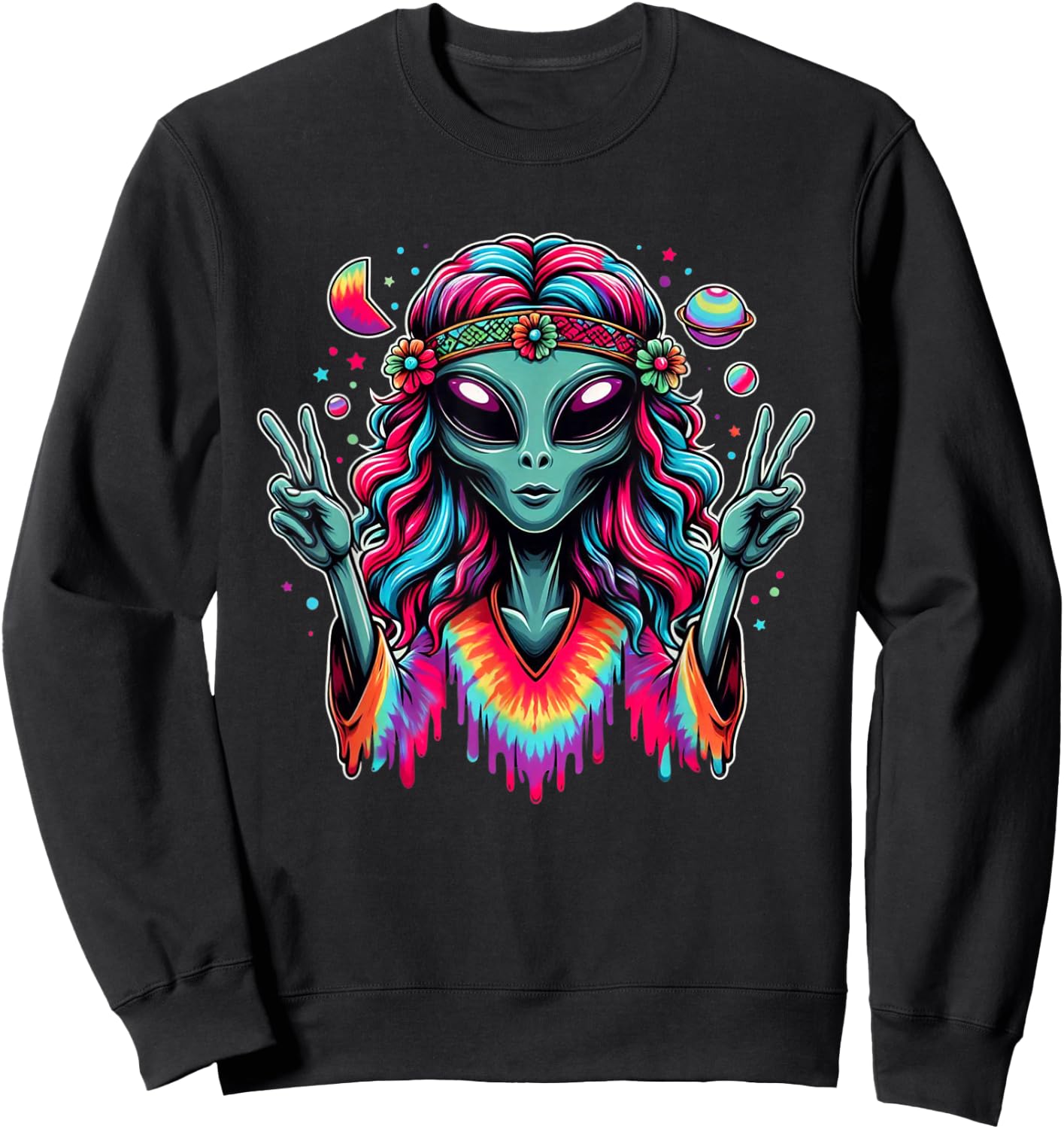 Tie Dye Alien Peace Sign Funny Boho Hippie Sweatshirt - Sweatshirt | Black