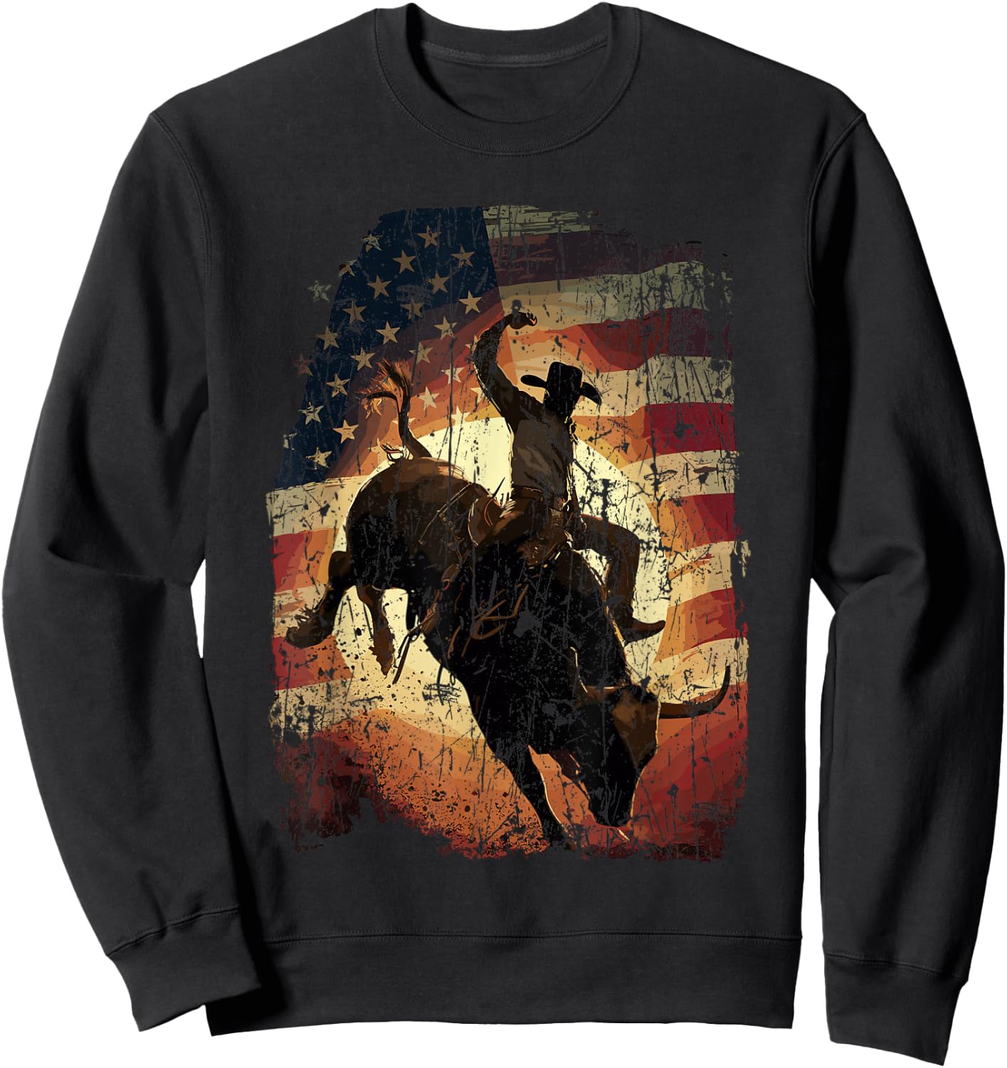 Rodeo Rider Bull Patriotic Cowboy USA Flag Sweatshirt - Sweatshirt | Black