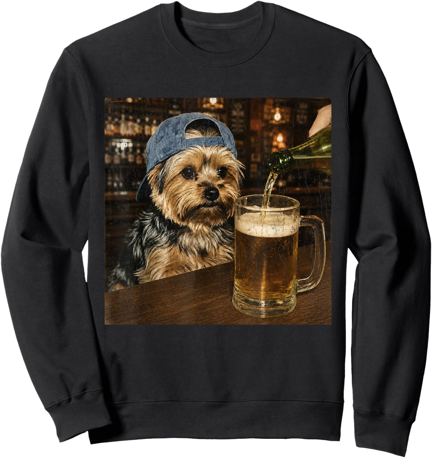 Yorkie Drinking Beer Shirt Funny Dog Meme Art Vintage Sweatshirt - Sweatshirt | Black