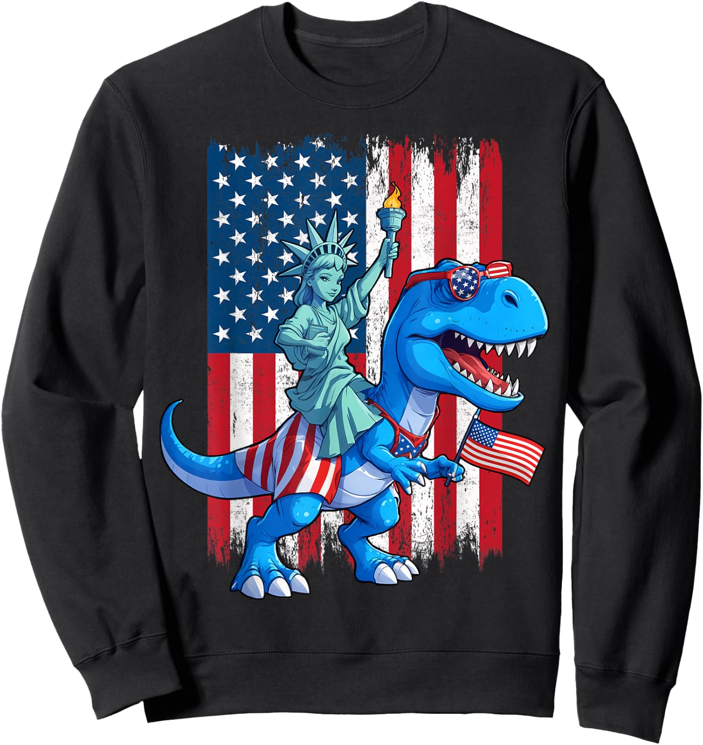 Dino Statue Of Liberty 4th Of July TRex American Flag Boys Sweatshirt - Sweatshirt | Black