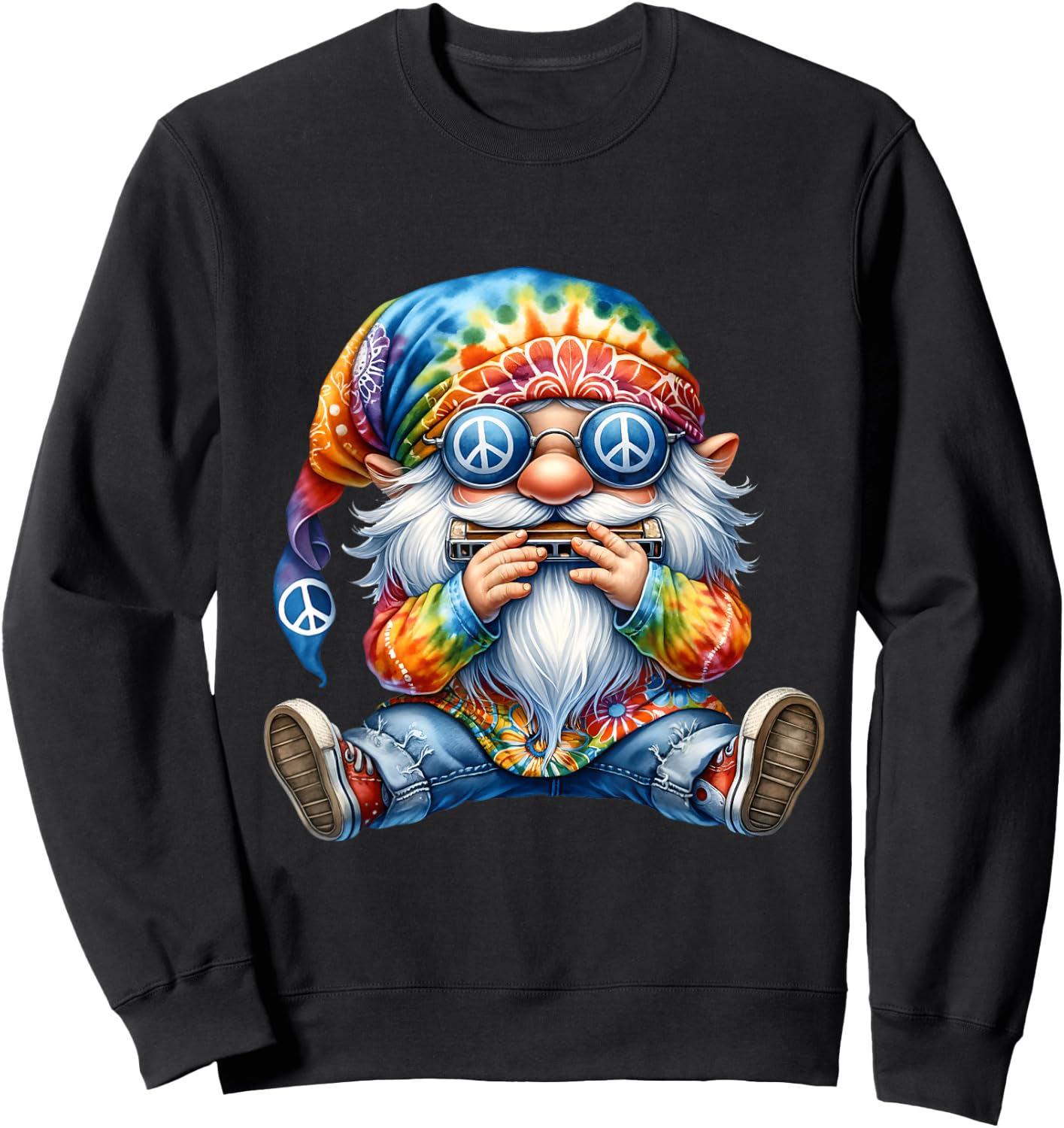 Groovy Hippie Gnome With Harmonica For Adults Funny Dad Life Sweatshirt - Sweatshirt | Black