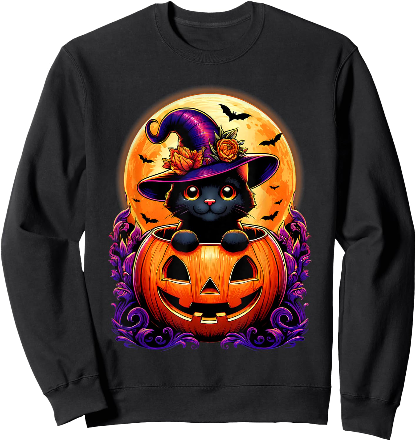 Black Cat Witch Hat Pumpkin Funny Halloween Men Women Kids Sweatshirt - Sweatshirt | Black