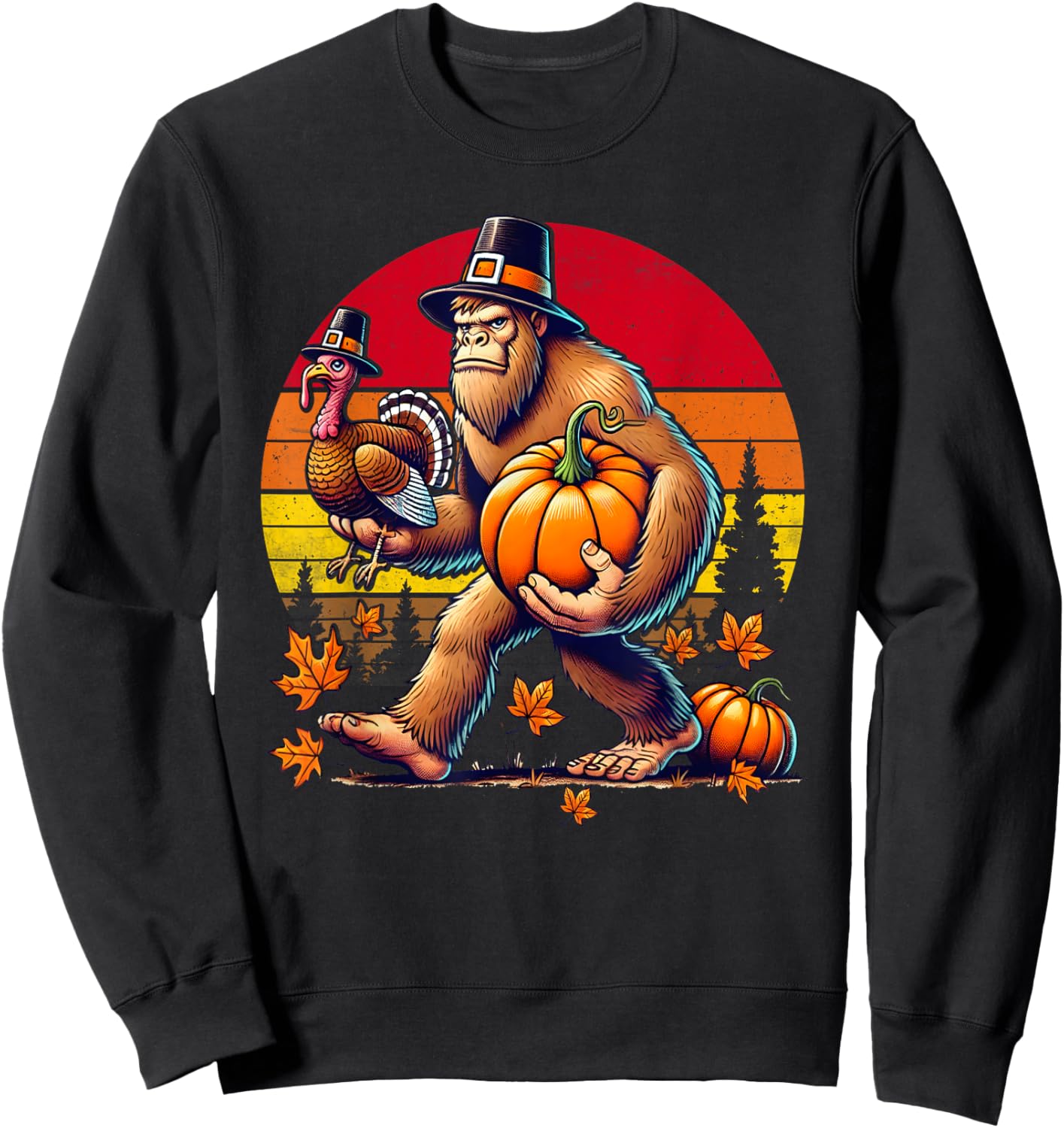 Bigfoot Pilgrim Turkey Pumpkin Sasquatch Retro Thanksgiving Sweatshirt - Sweatshirt | Black