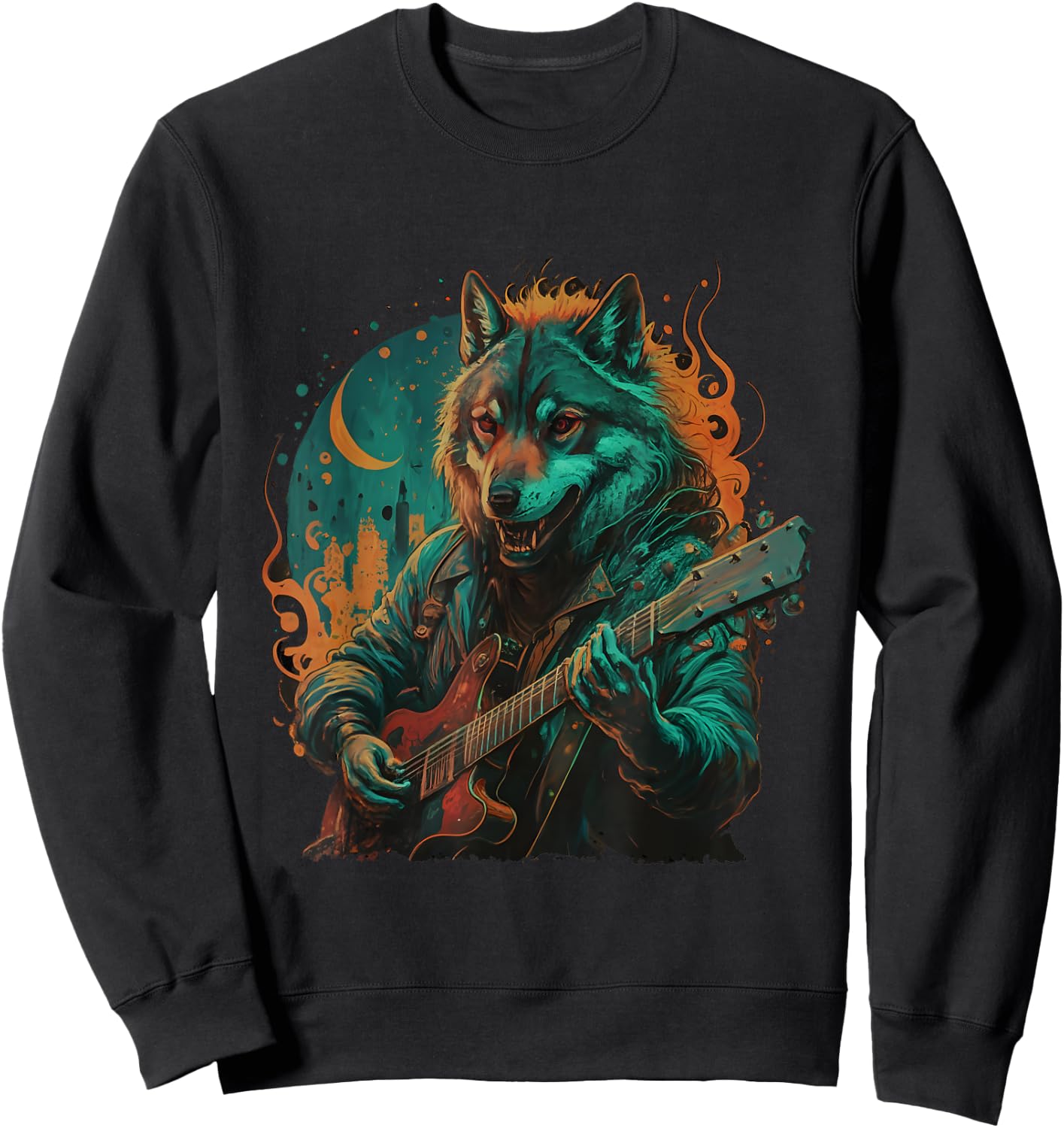 Wolf Playing Guitar Lover Rock Star Rock And Roll Guitarist Sweatshirt - Sweatshirt | Black