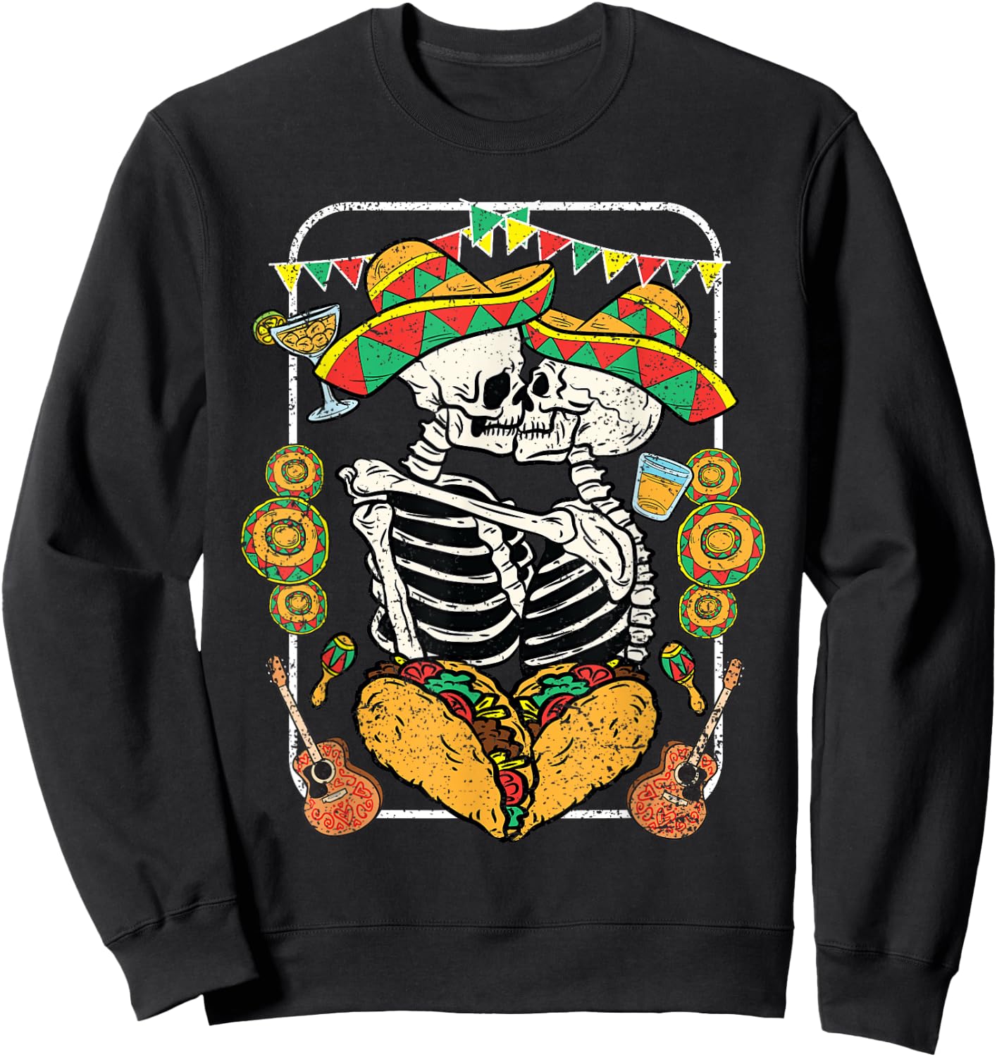 Skeleton Kissing Cinco De Mayo Mexican Sombrero Taco Heart Sweatshirt - Sweatshirt | Black