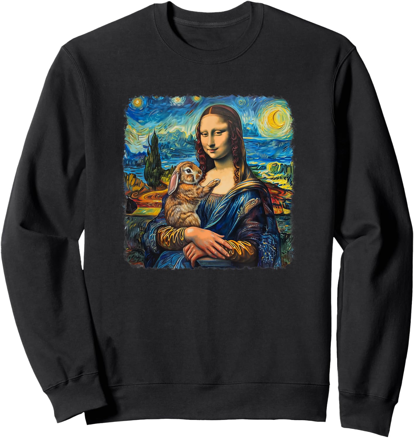 Mona Lisa with Rabbit Van Gogh Starry Night Painting Sweatshirt - Sweatshirt | Black