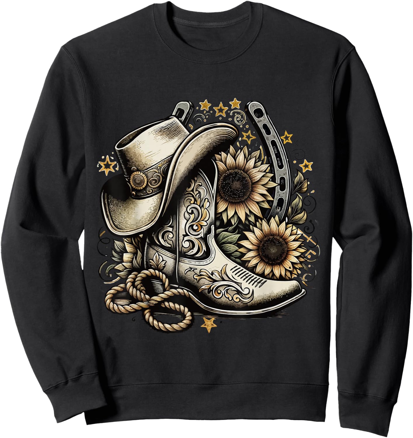 Western Cowboy Boot Horseshoe Sunflower Rope Cowgirl country , Small, Black Sweatshirt - Sweatshirt | Black