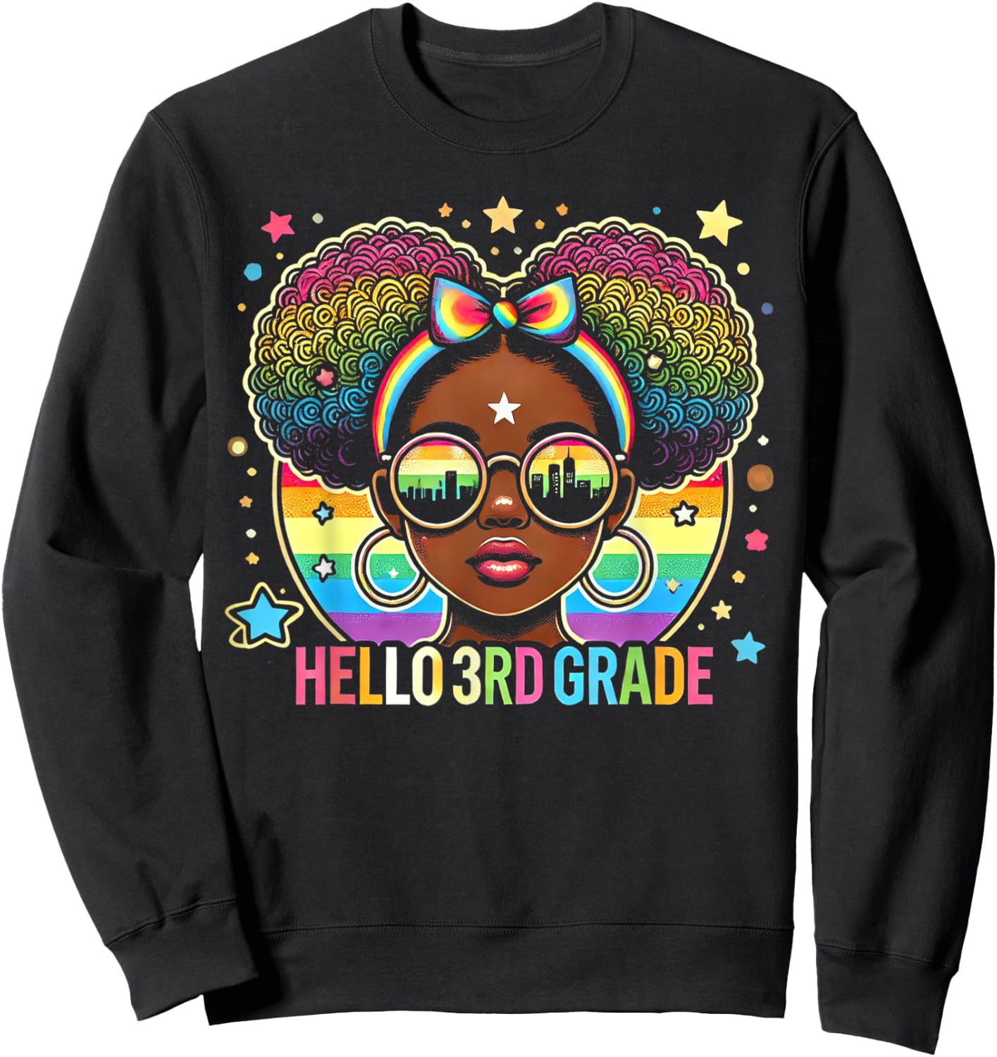 Hello 3rd Grade Black Messy Bun Girls Kids Back To School Sweatshirt - Sweatshirt | Black
