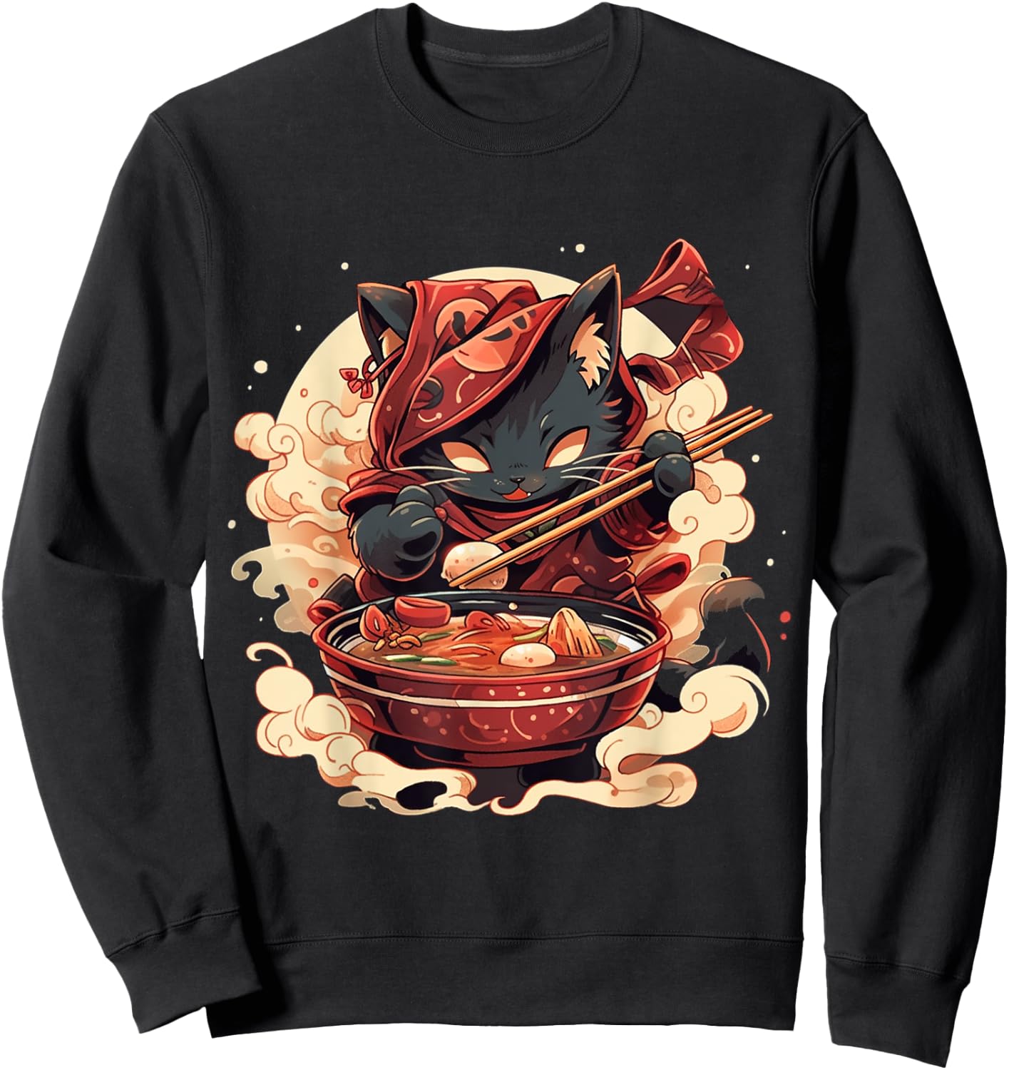 Japanese Art Ramen Cat Ninja Ukiyo-e Anime Style Samurai Cat Sweatshirt - Sweatshirt | Black