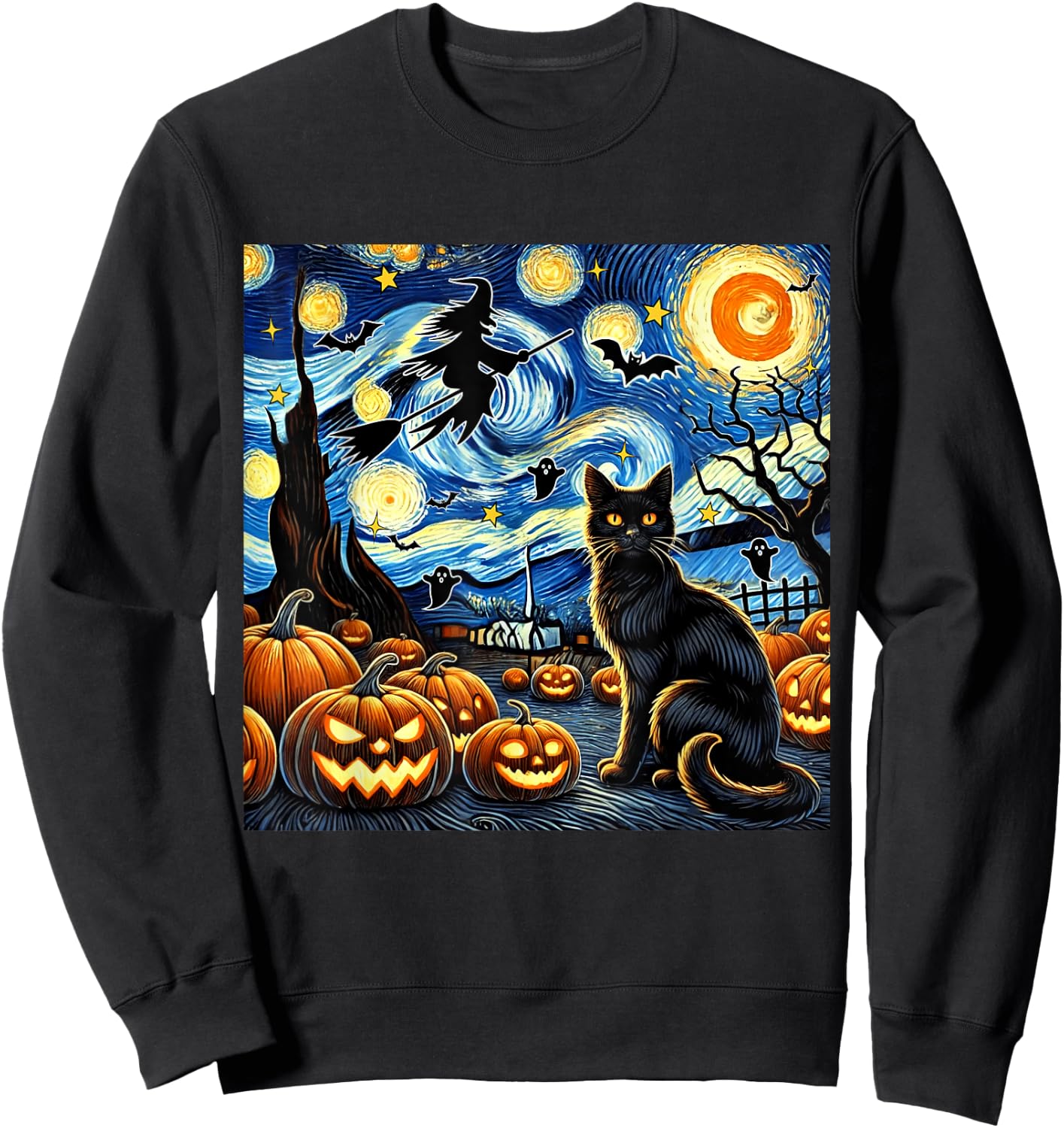 Halloween Cat Van Gogh Starry Night Witch Bats Pumpkin Women Kids Sweatshirt - Sweatshirt | Black