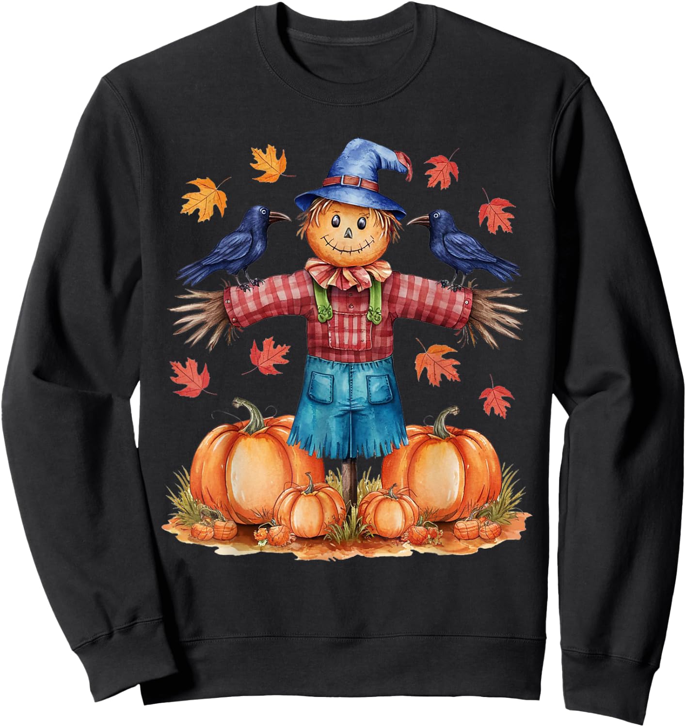 Scarecrow Autumn Hello Fall Pumpkin Thanksgiving Halloween Sweatshirt - Sweatshirt | Black