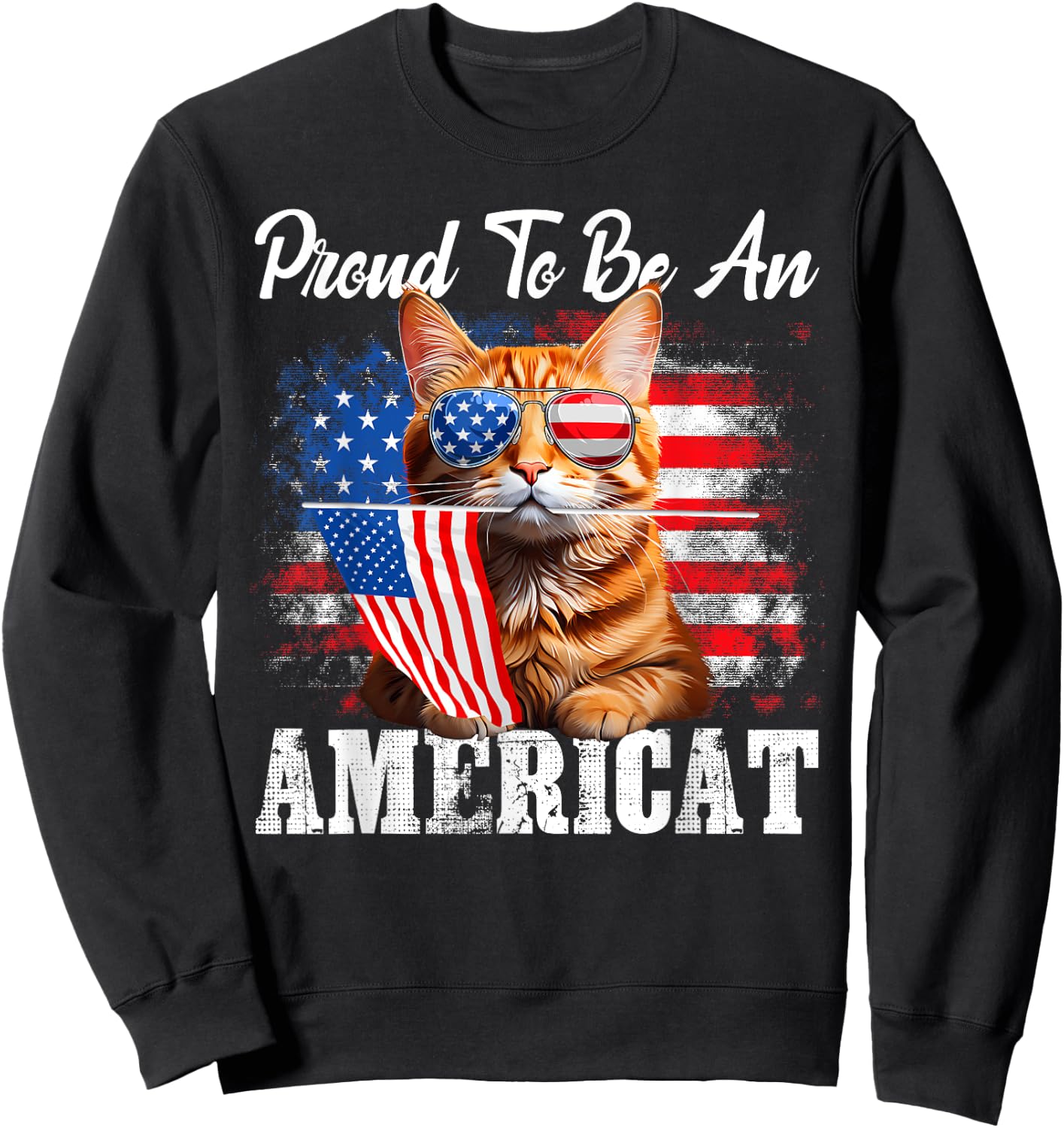 Proud To Be An Americat Orange Cat American Flag 4th Of July Sweatshirt - Sweatshirt | Black