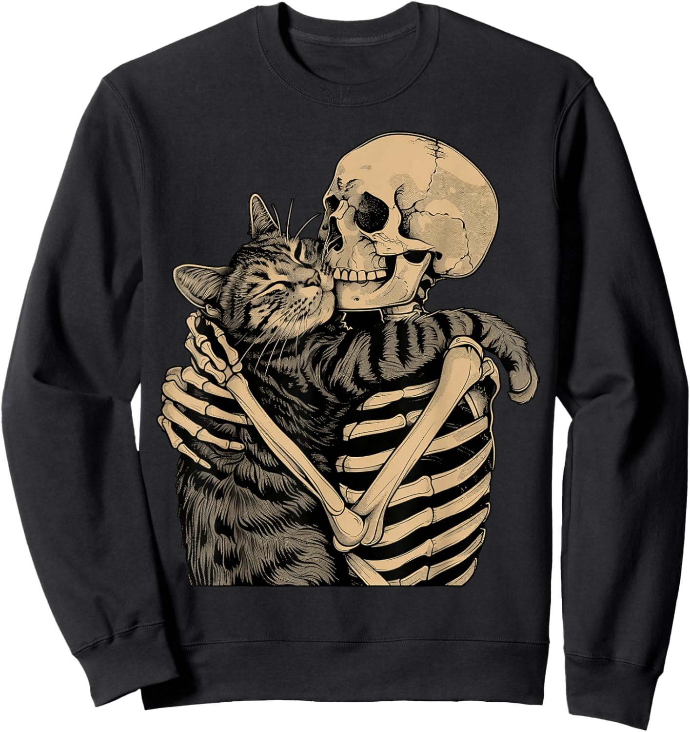 Skeleton Hugging Cat Halloween Cat Lover Cat Mom Dad Sweatshirt - Sweatshirt | Black