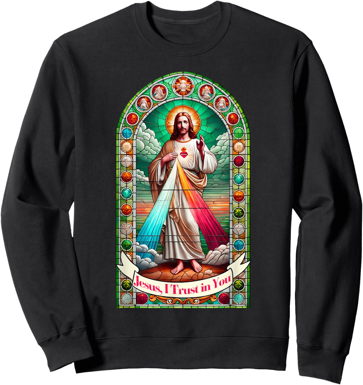 Jesus I Trust In You Faith Divine Mercy Graphic Catholic Sweatshirt - Sweatshirt | Black
