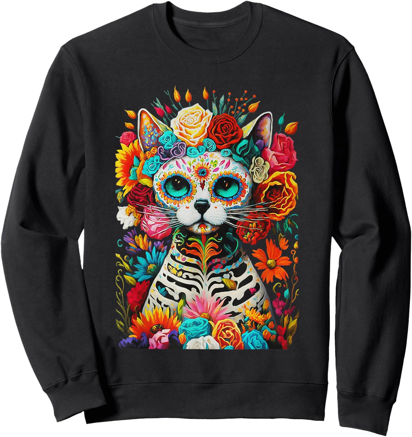 Sugar Skull Cat De Los Muertos La Catrina Day Of The Dead Women Kids Sweatshirt - Sweatshirt | Black