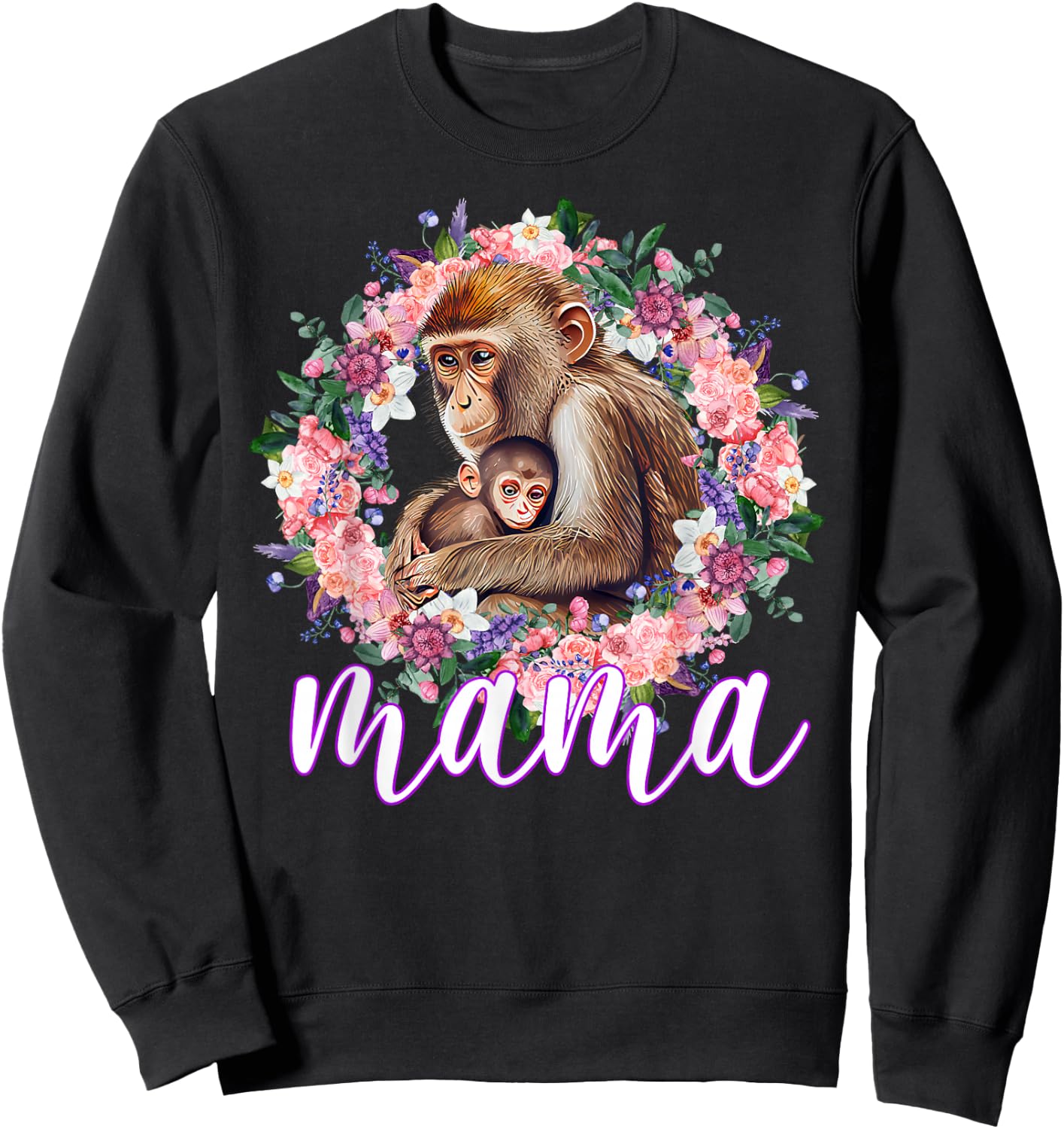 Flowers Mom & Cute Baby Monkey - Animal Mama Mother's Day Sweatshirt - Sweatshirt | Black