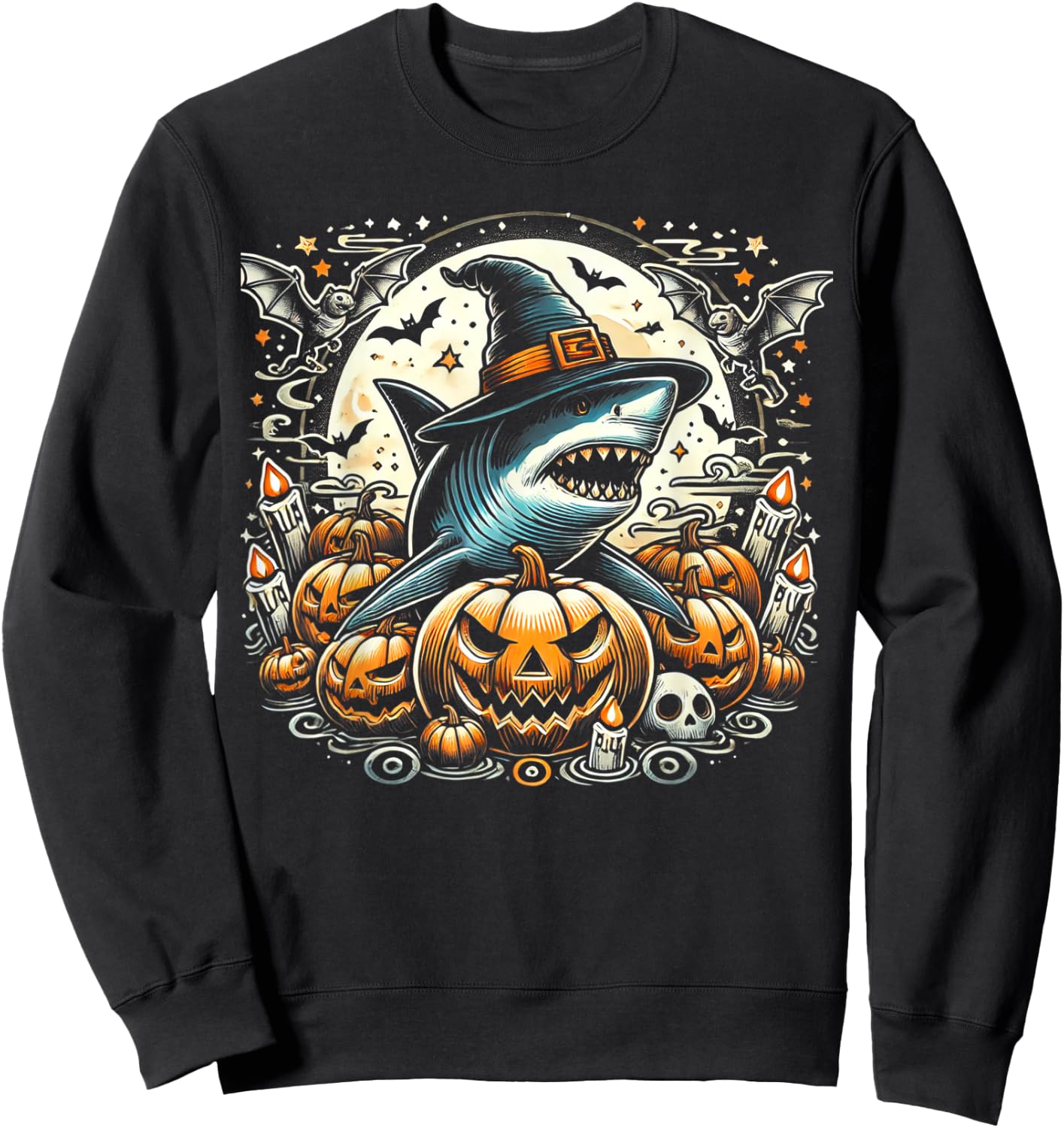 Shark Witch Halloween - Spooky Pumpkin Art Sweatshirt - Sweatshirt | Black