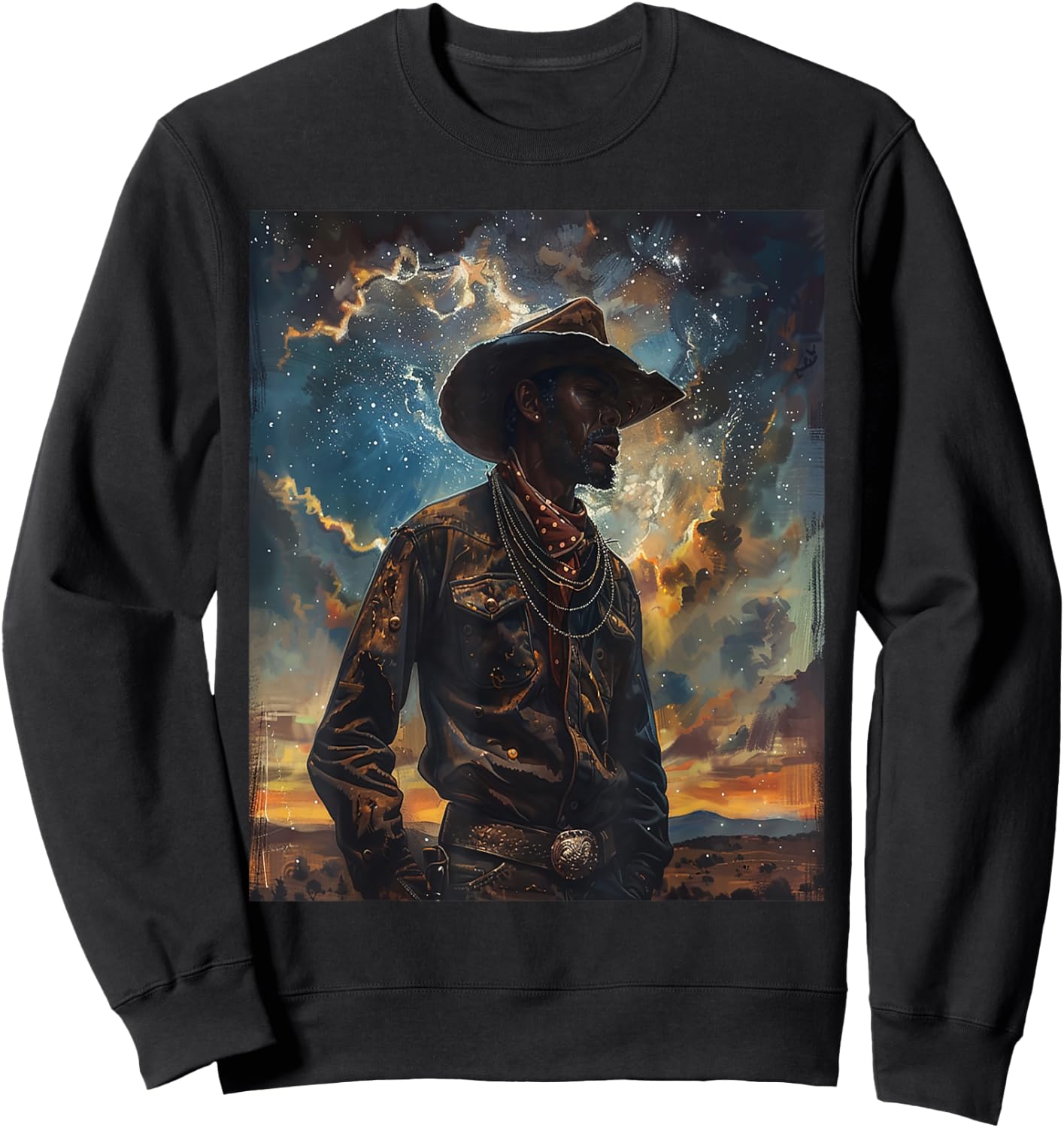 Young Black Western Retro Cowboy Wearing Hat Melanin Art Sweatshirt - Sweatshirt | Black