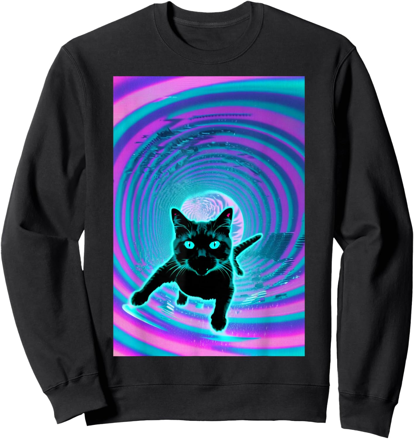 Trippy Glitch Weirdcore Cat Vortex Surfing Vaporwave Women Sweatshirt - Sweatshirt | Black