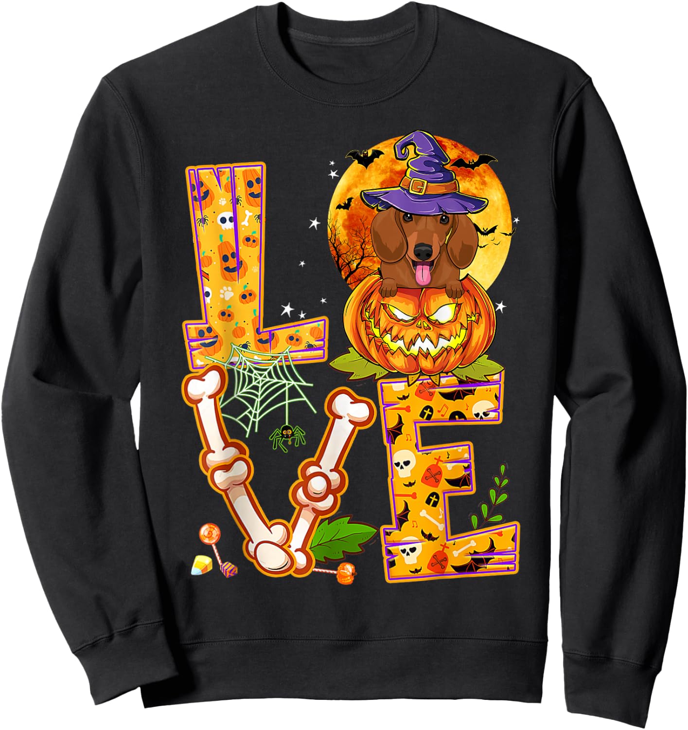 Love Dachshund Witch Pumpkin Scary Halloween Dog Lovers Sweatshirt - Sweatshirt | Black
